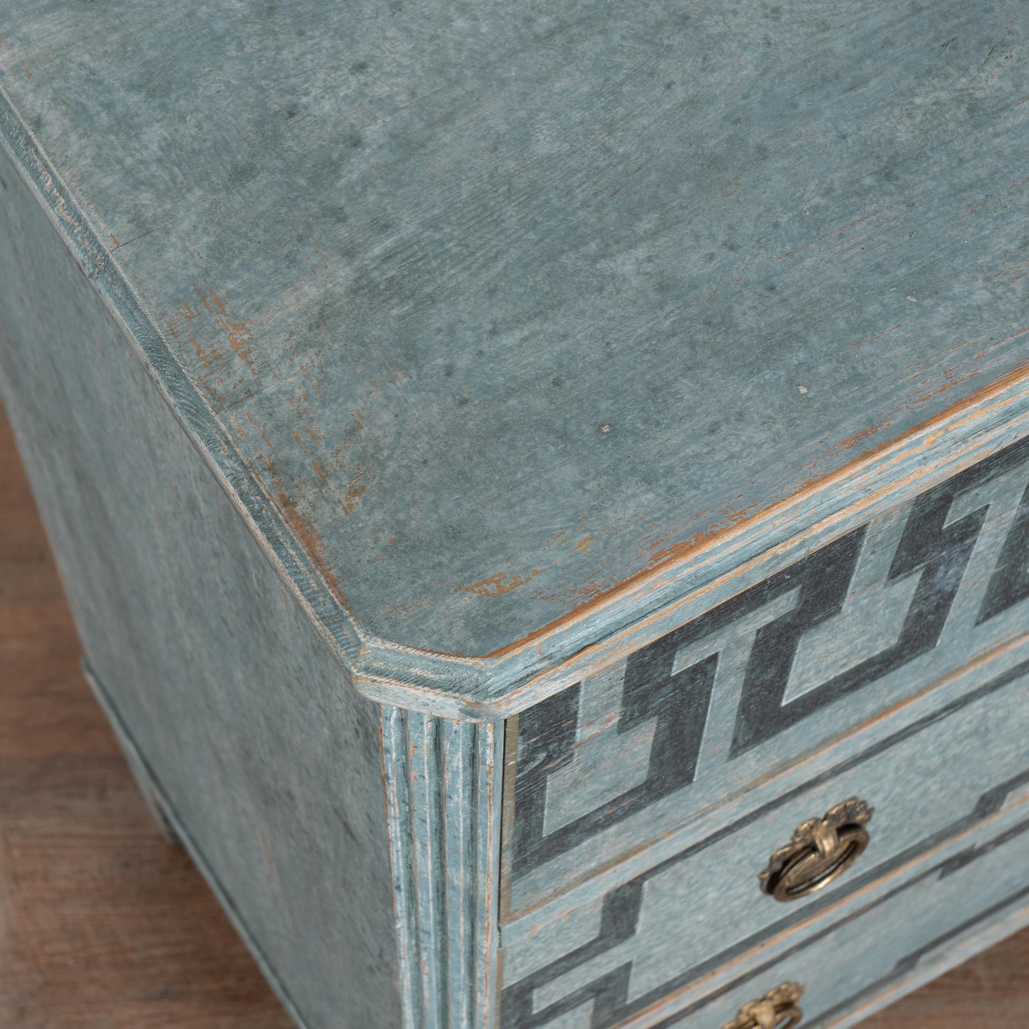19th Century Swedish Gustavian Blue Chest of Three Drawers with Greek Key Design For Sale 4