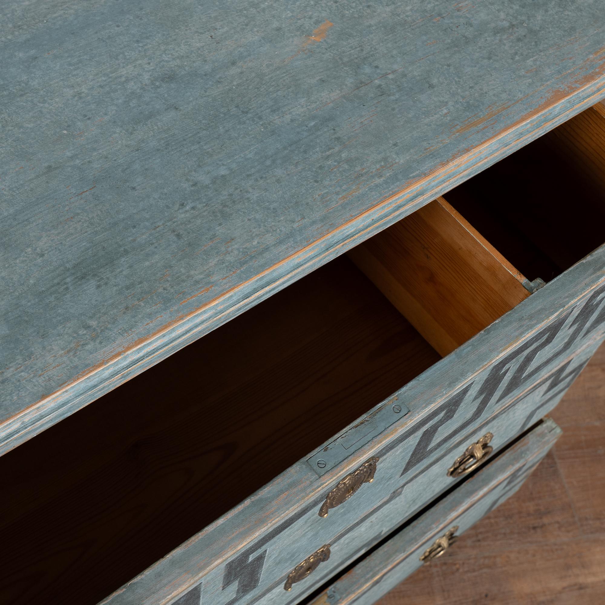 19th Century Swedish Gustavian Blue Chest of Three Drawers with Greek Key Design For Sale 5