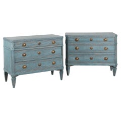 19th Century Swedish Gustavian Blue Painted Chest of Drawers, Pair