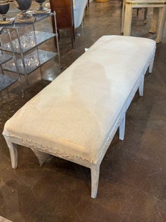 19th Century Swedish Gustavian Carved and Whitewashed Bench