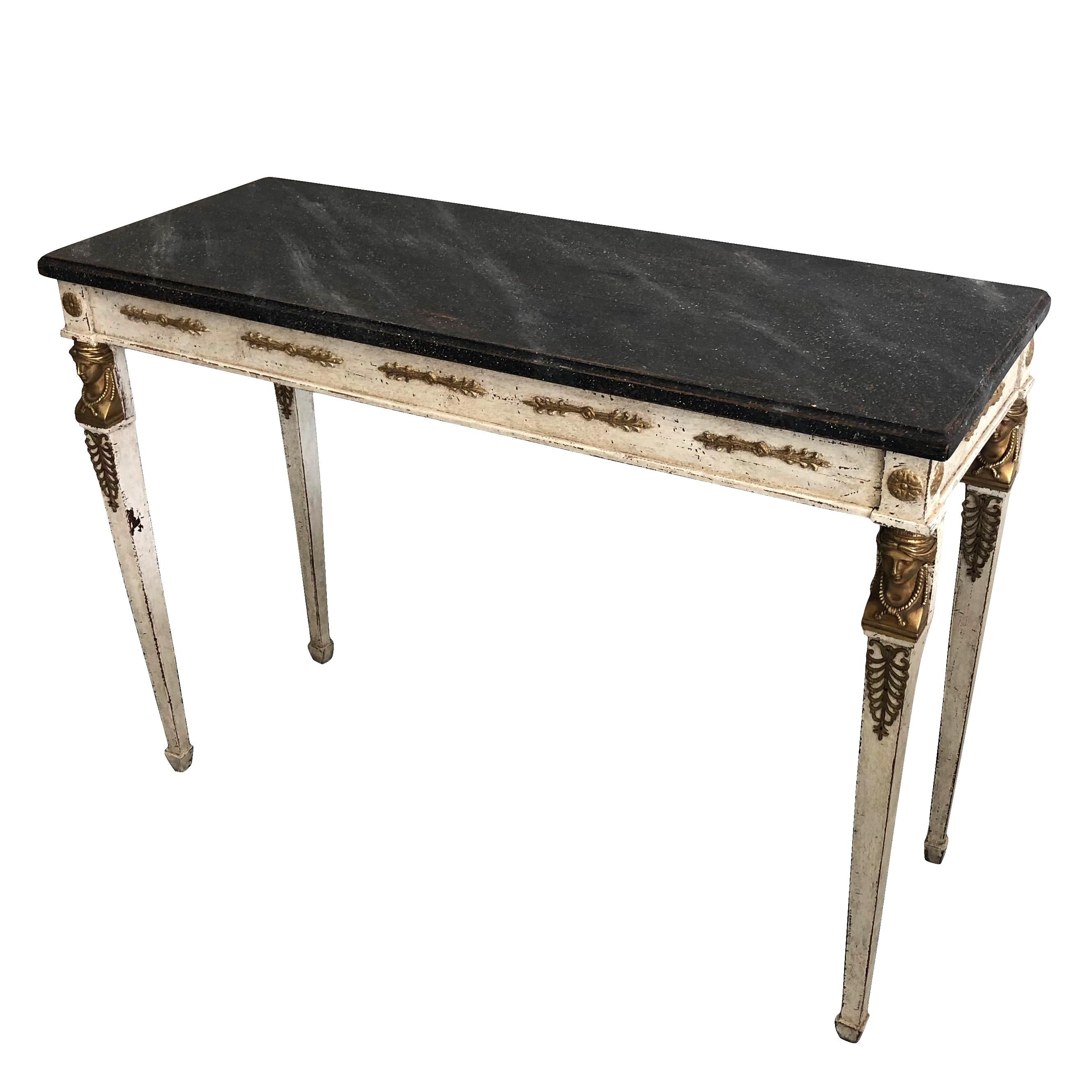 A Swedish Gustavian hand painted rectangular console table in marble with a painted wooden top and gilded bronze applications, prov. Stockholm.