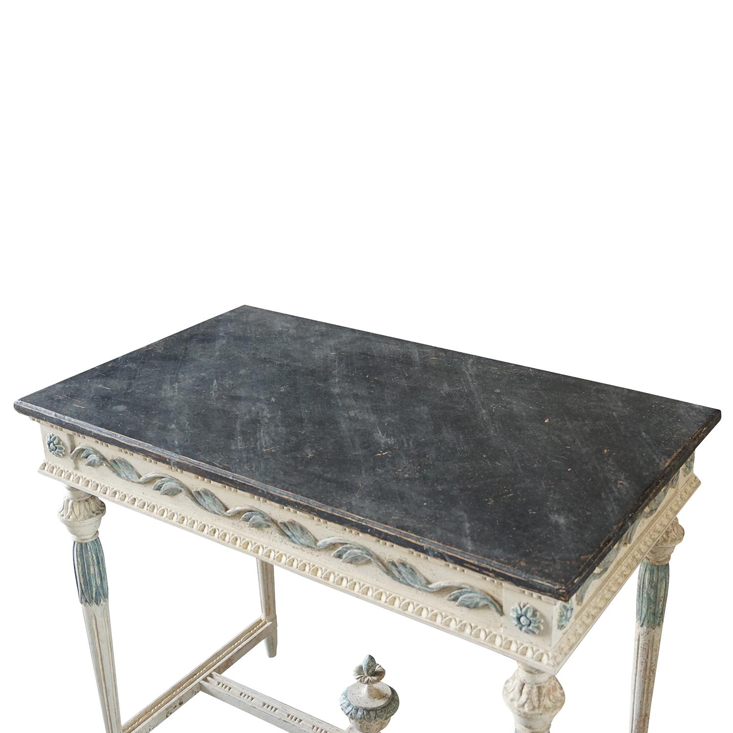 Hand-Carved 19th Century Swedish Gustavian Console Table, Grey Neoclassical Pinewood Table