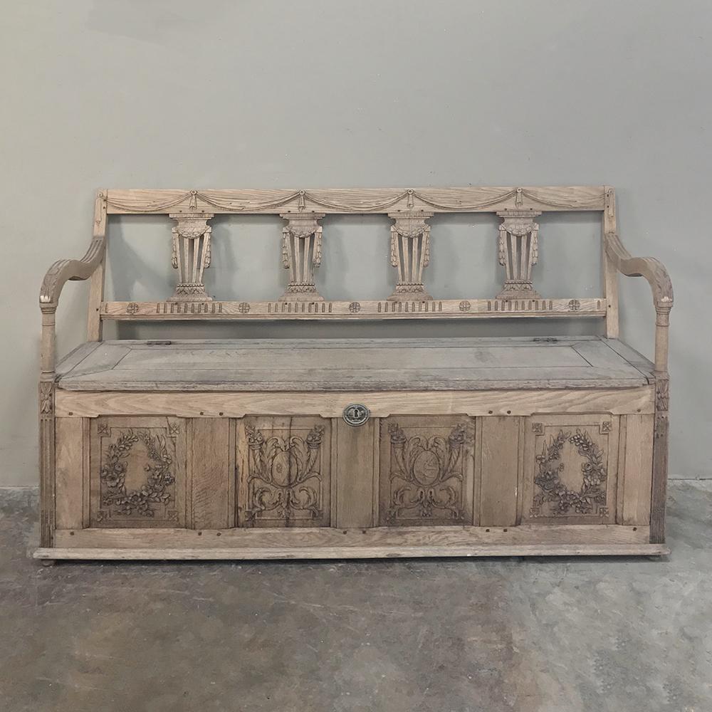 19th century Swedish Gustavian hall bench is a testament to the proud and capable artisans of southern Sweden who copied the styles popular with the court and rendered handsome furnishings designed to last for centuries, like this splendidly carved