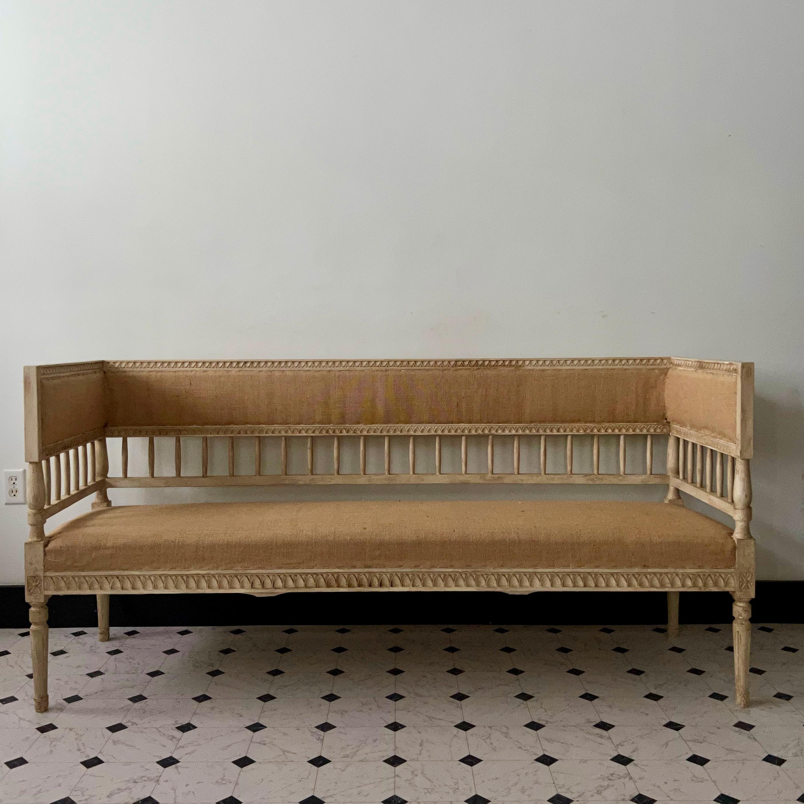 Elegant 19th century Swedish Gustavian /Neoclassical period sofa settee, beautifully carved wood frame and scraped to its most original worn patina and ready for your own upholstery.