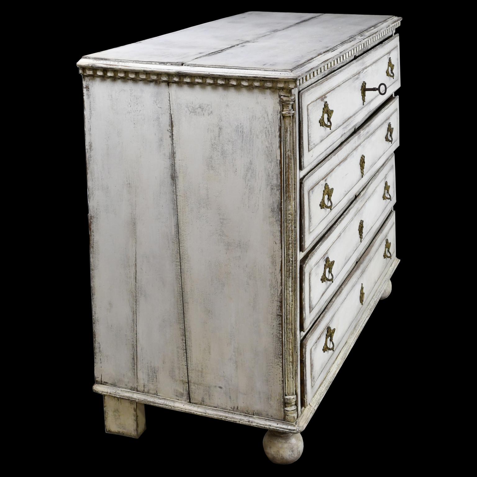Hand-Carved 18th Century Swedish Gustavian Grey/ White Painted Commode/ Chest of Drawers For Sale