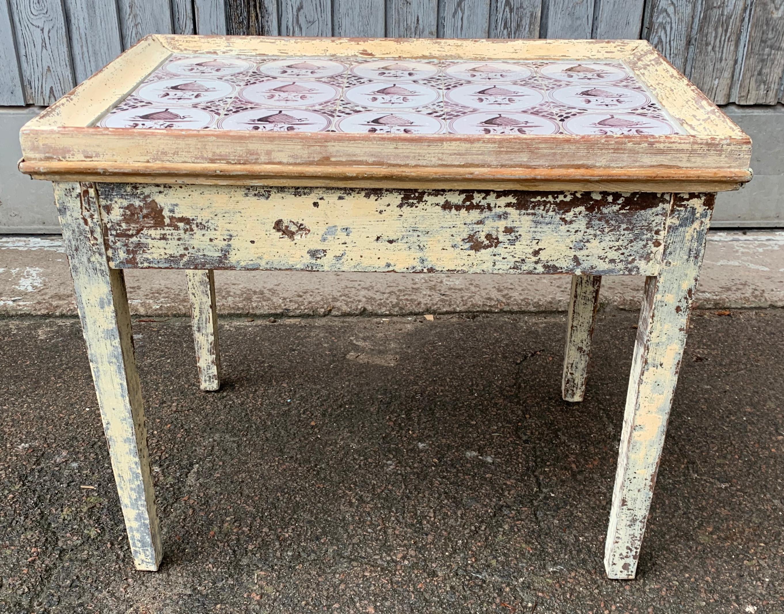 19th Century Swedish Gustavian Painted Delft Tile Table 6