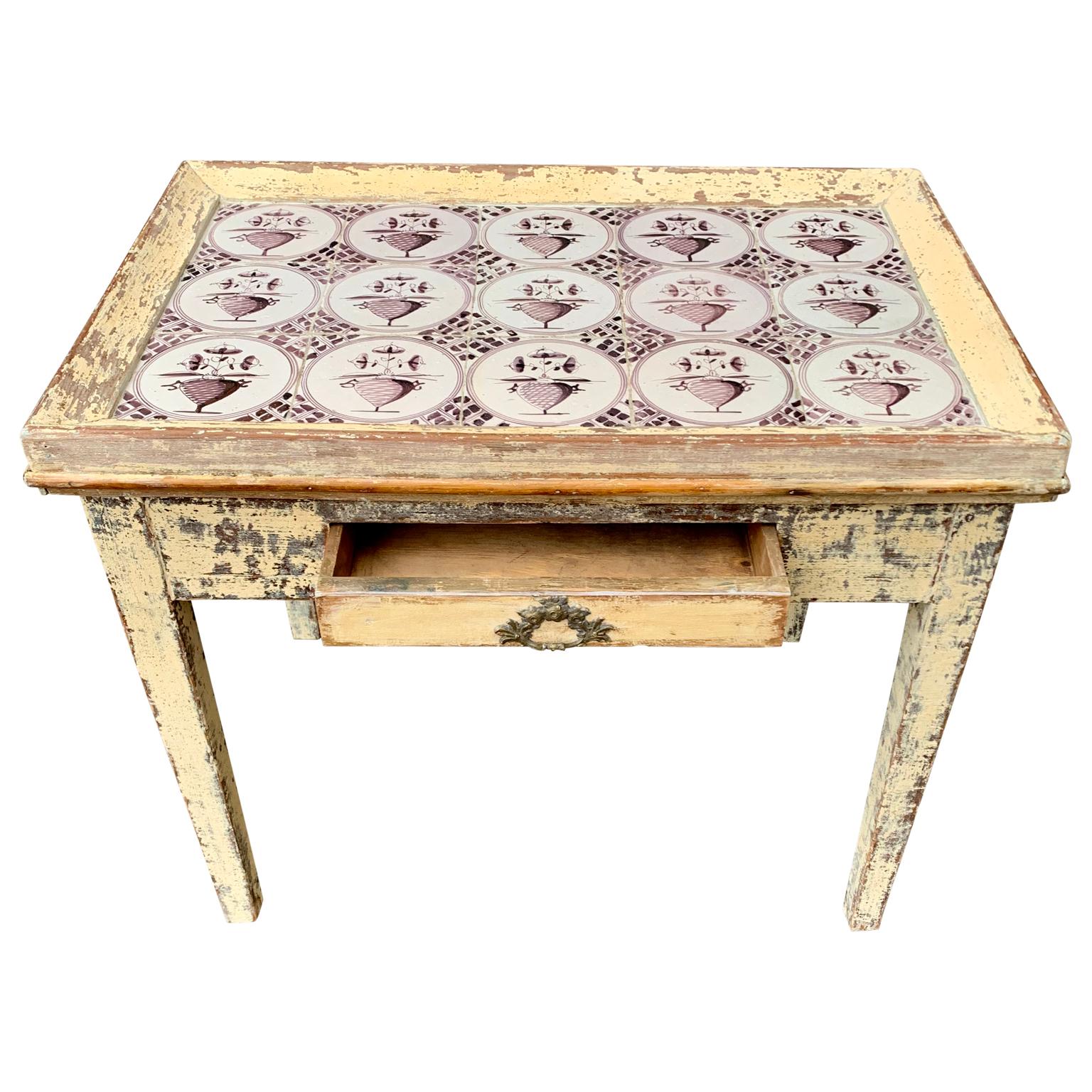 19th Century Swedish Gustavian Painted Delft Tile Table In Good Condition In Haddonfield, NJ