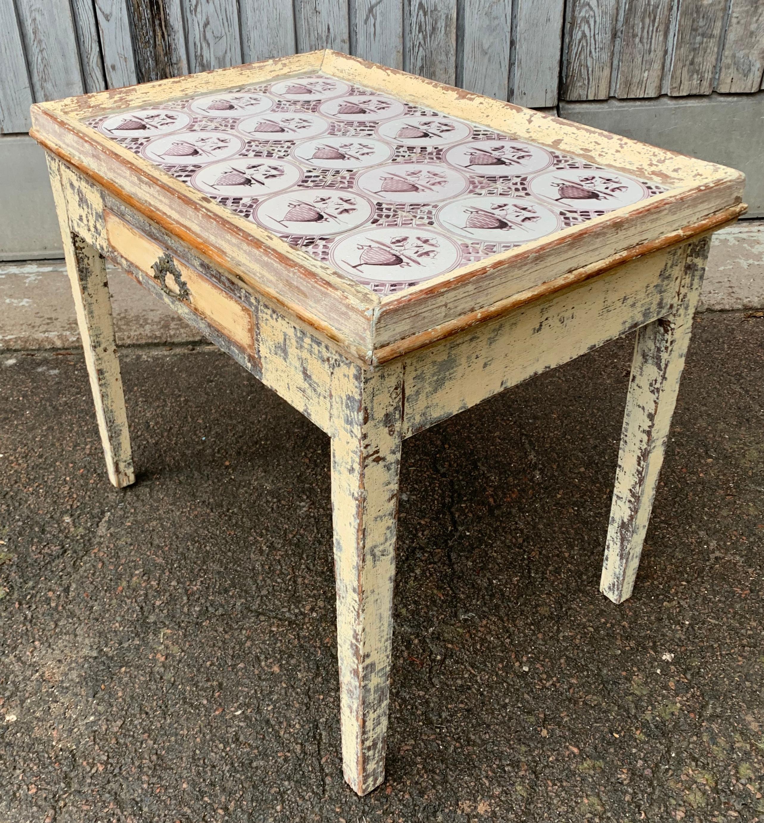 19th Century Swedish Gustavian Painted Delft Tile Table 2