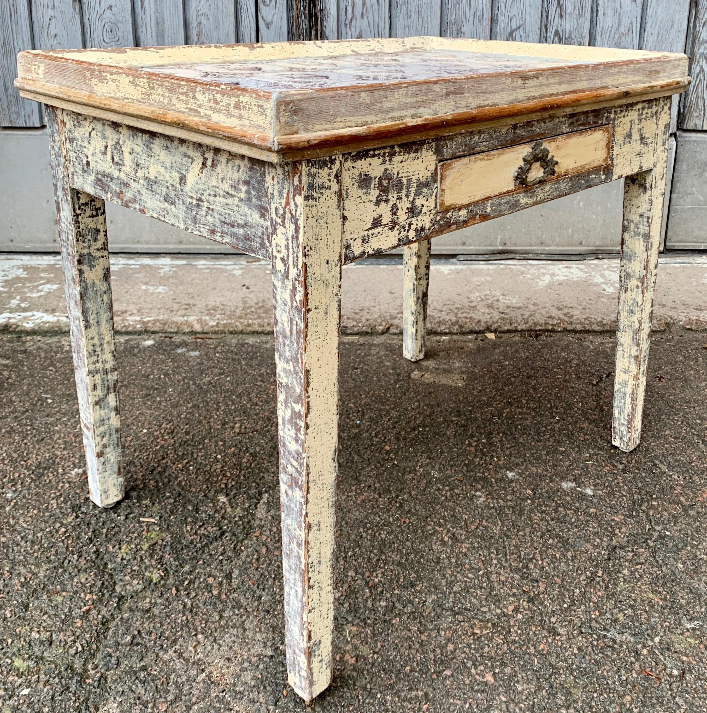 19th Century Swedish Gustavian Painted Delft Tile Table 1