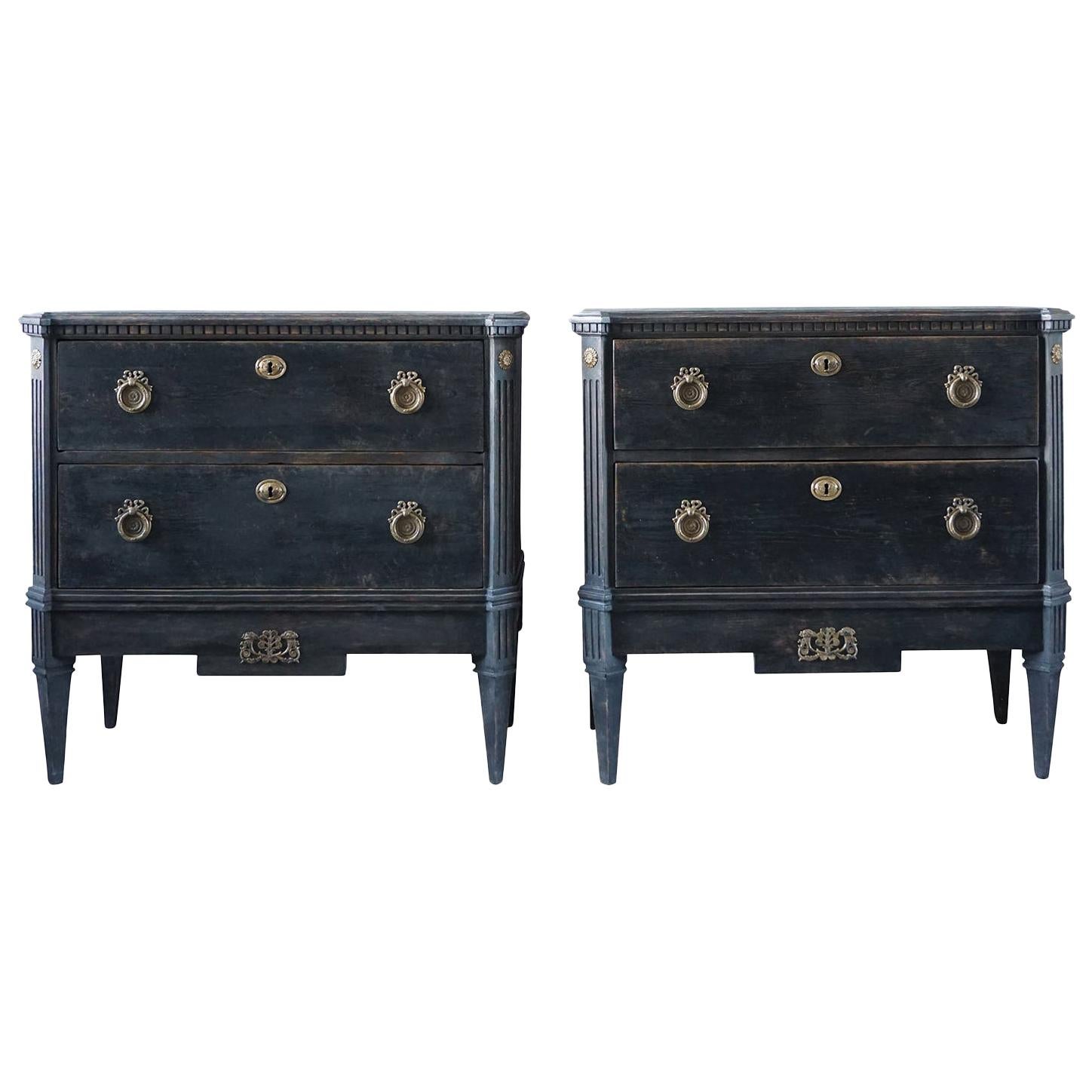 19th Century Swedish Gustavian Pair of Black, Marble Chests, Oakwood Commodes