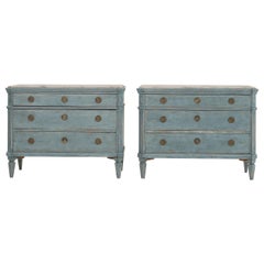 19th Century Swedish Gustavian Pair of Blue Pinewood Chest - Faux Marble Cabinet