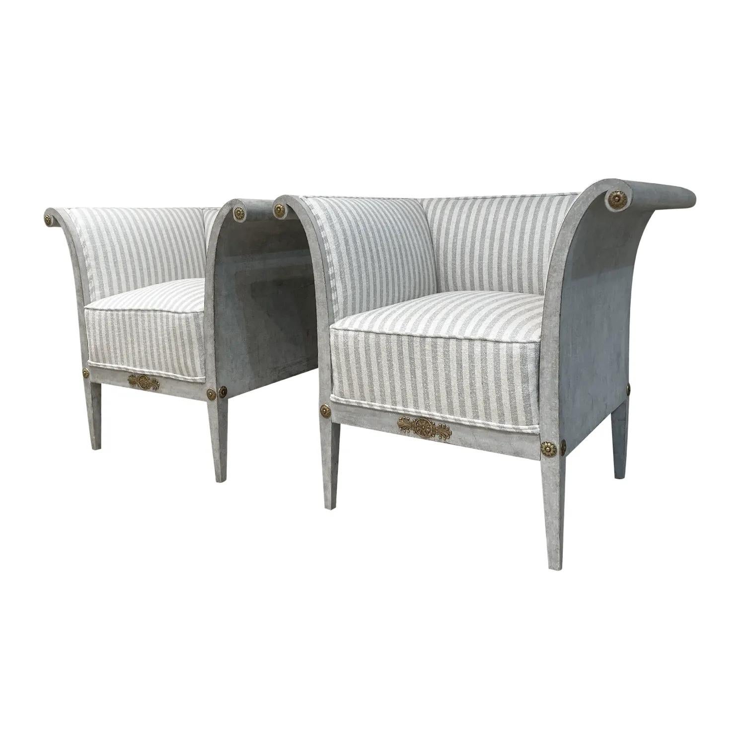 19th Century Swedish Gustavian Pair of Pine Bergères Fauteuils, Bronze Armchairs In Good Condition In West Palm Beach, FL