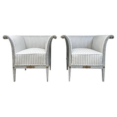 19th Century Swedish Gustavian Pair of Pine Bergères Fauteuils, Bronze Armchairs