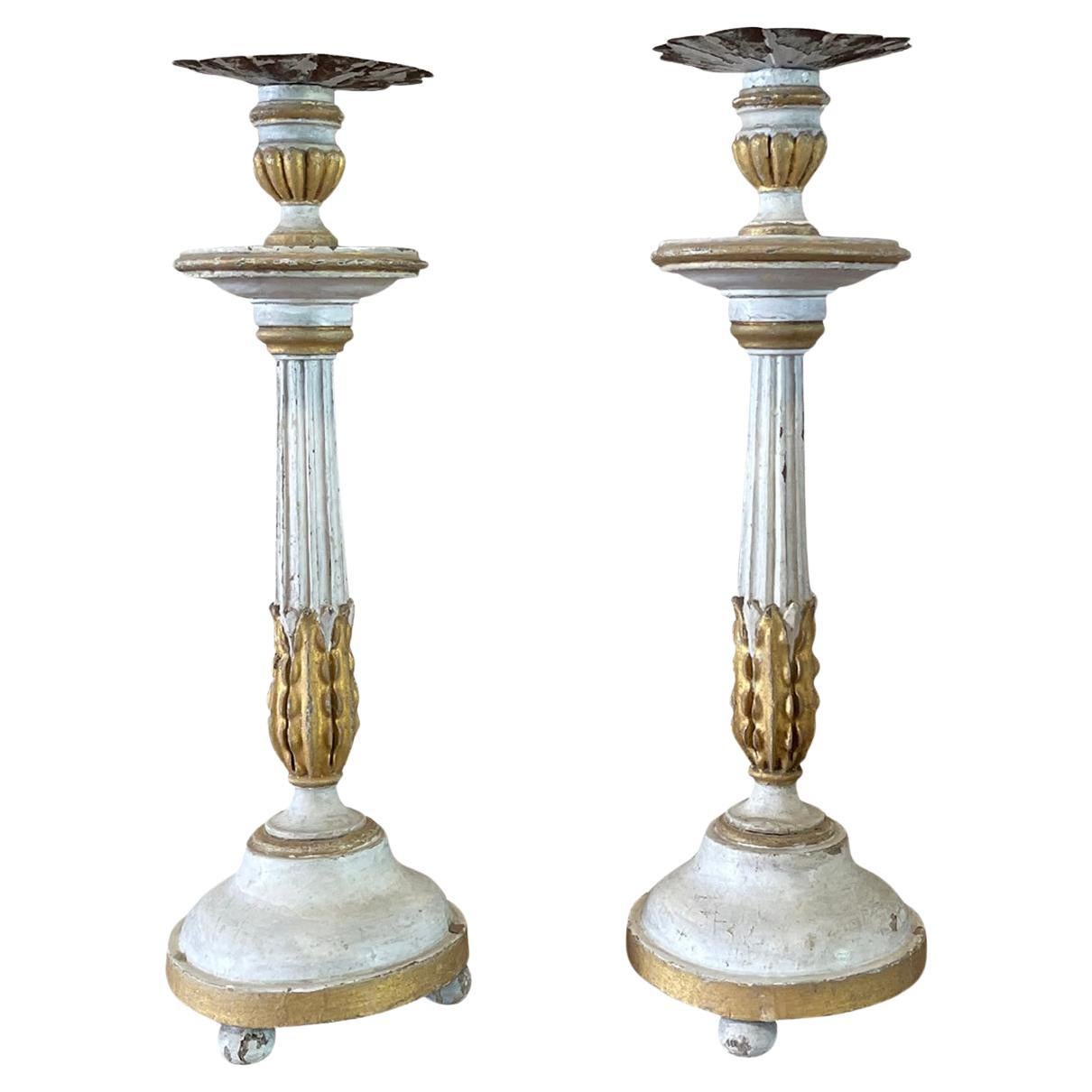 19th Century Swedish Gustavian Pair of Pinewood Candle Holders - Antique Sticks For Sale