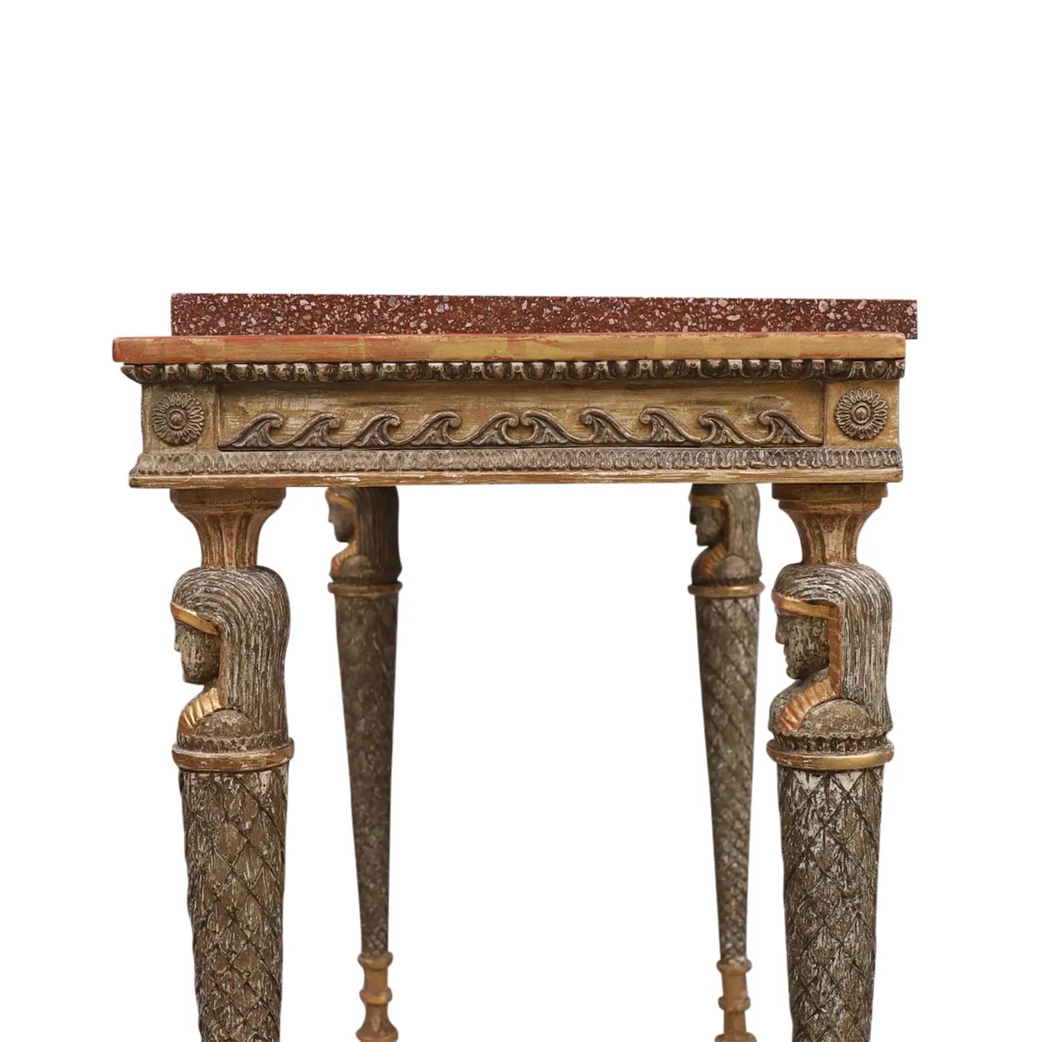 Hand-Carved 19th Century Swedish Gustavian Pinewood, Porphyry Console Table by Jonas Frisk For Sale