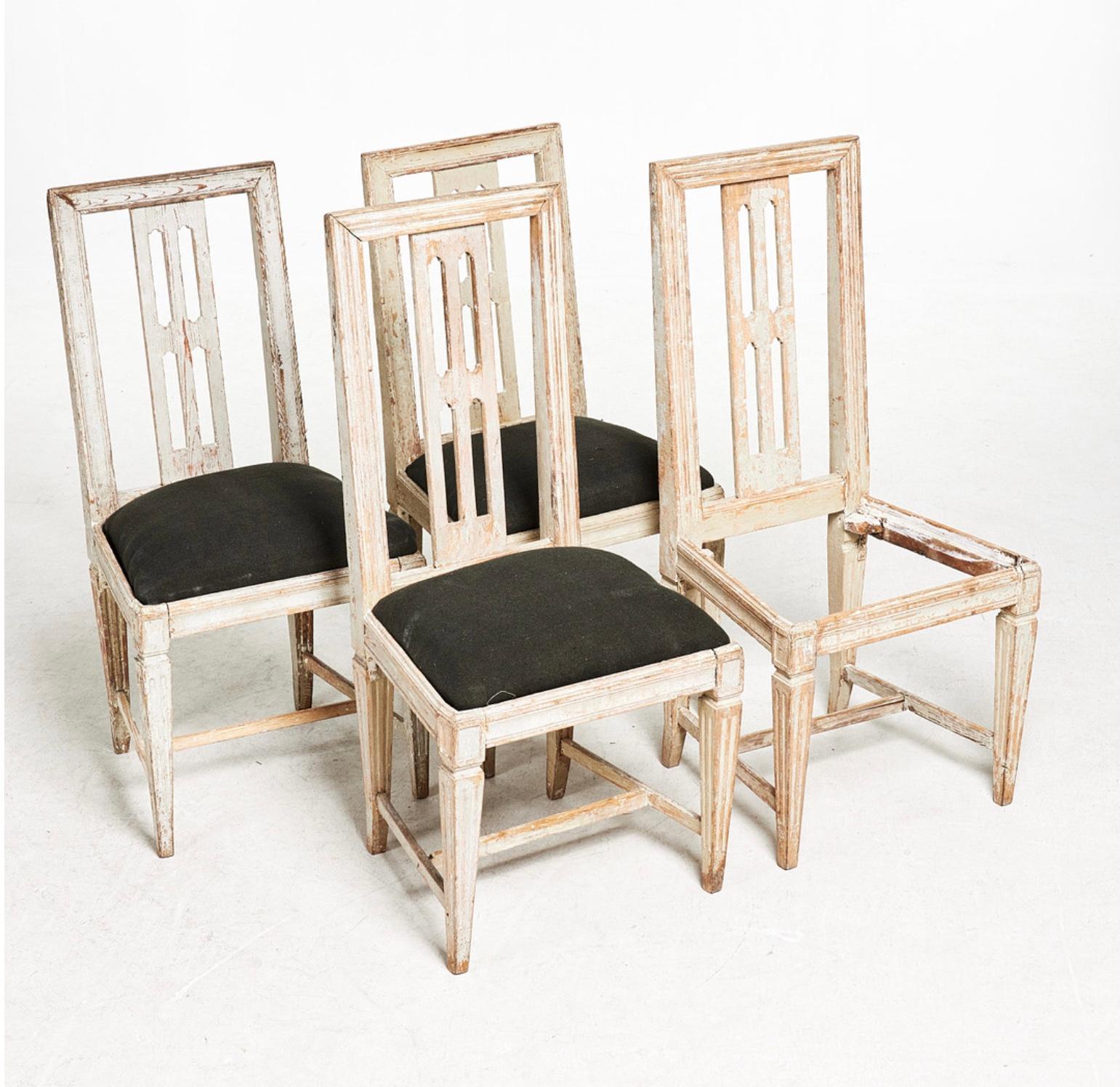 Wonderful set of Swedish C19th white painted High back chairs.
Their is a slight variance of height for (2) chairs.
93 cm / 98 cm 
Please note one seat is missing, they are ready for Upholstery
