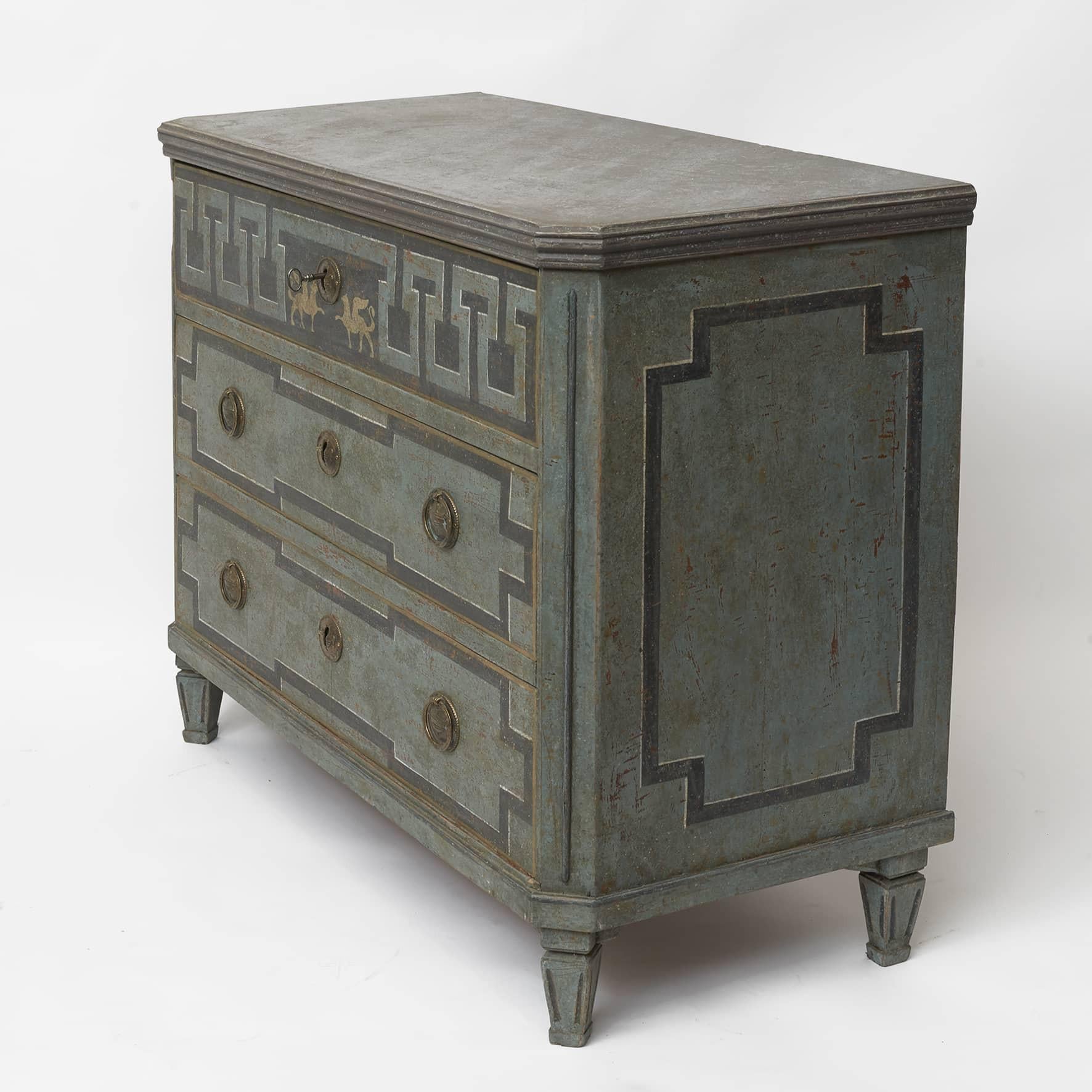 Hand-Painted 19th Century Swedish Gustavian Style Chest of Drawers in Blue Shades