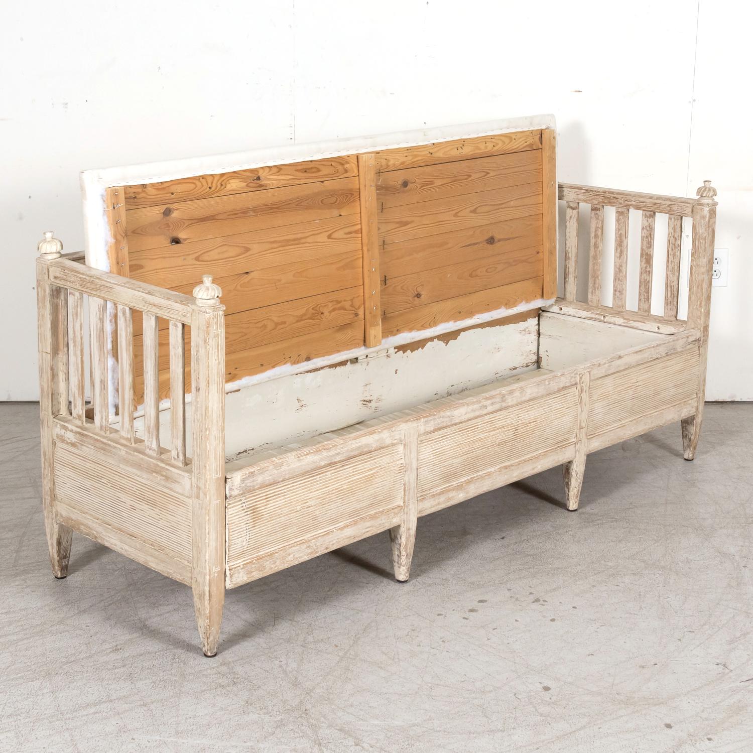 19th Century Swedish Gustavian Style Painted Stickback Sofa Bench with Lift Seat For Sale 6