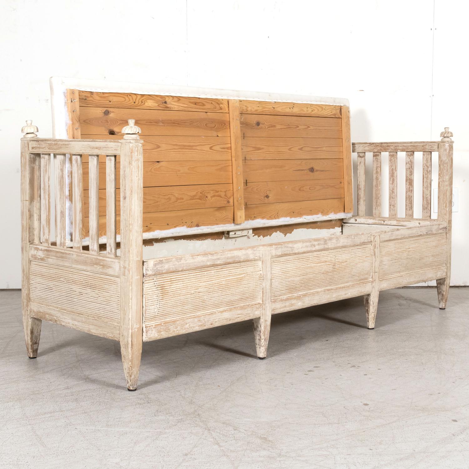 19th Century Swedish Gustavian Style Painted Stickback Sofa Bench with Lift Seat For Sale 7