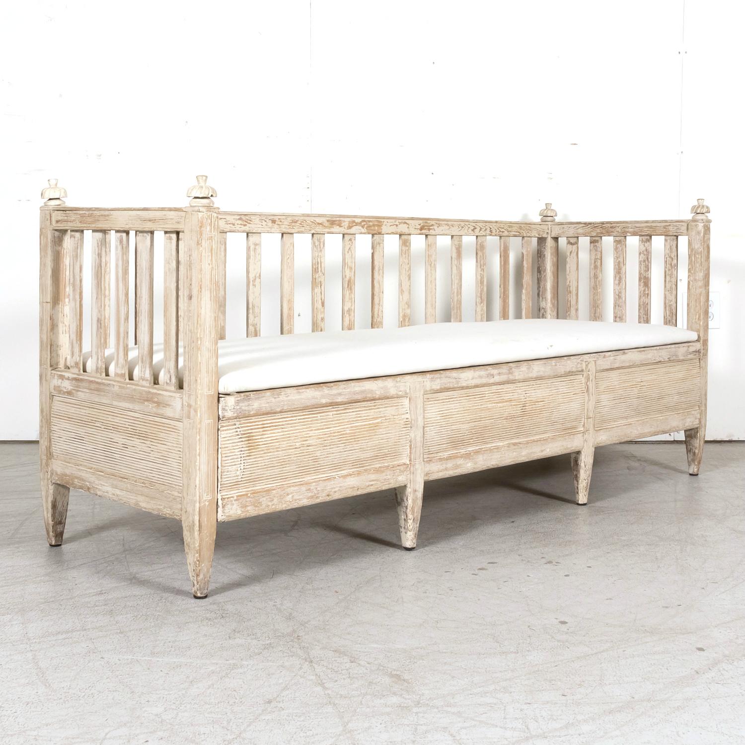 19th Century Swedish Gustavian Style Painted Stickback Sofa Bench with Lift Seat For Sale 3