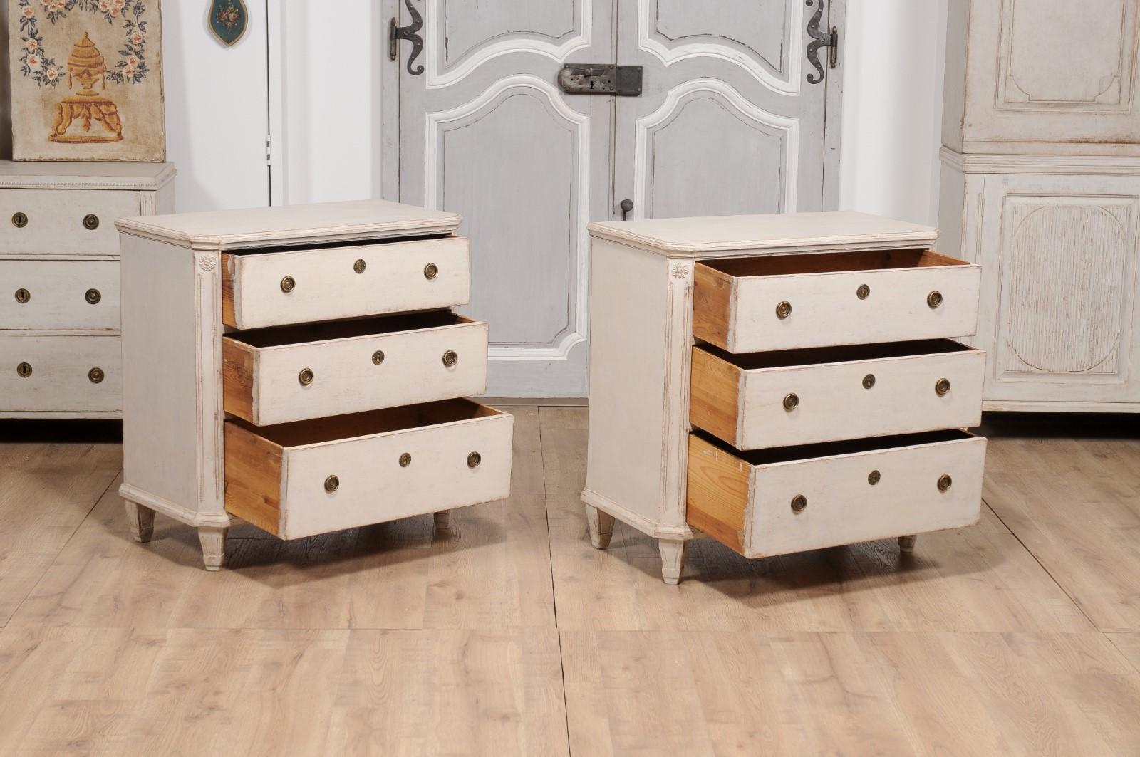 Wood 19th Century Swedish Gustavian Style Painted Three-Drawer Chests, a Pair For Sale