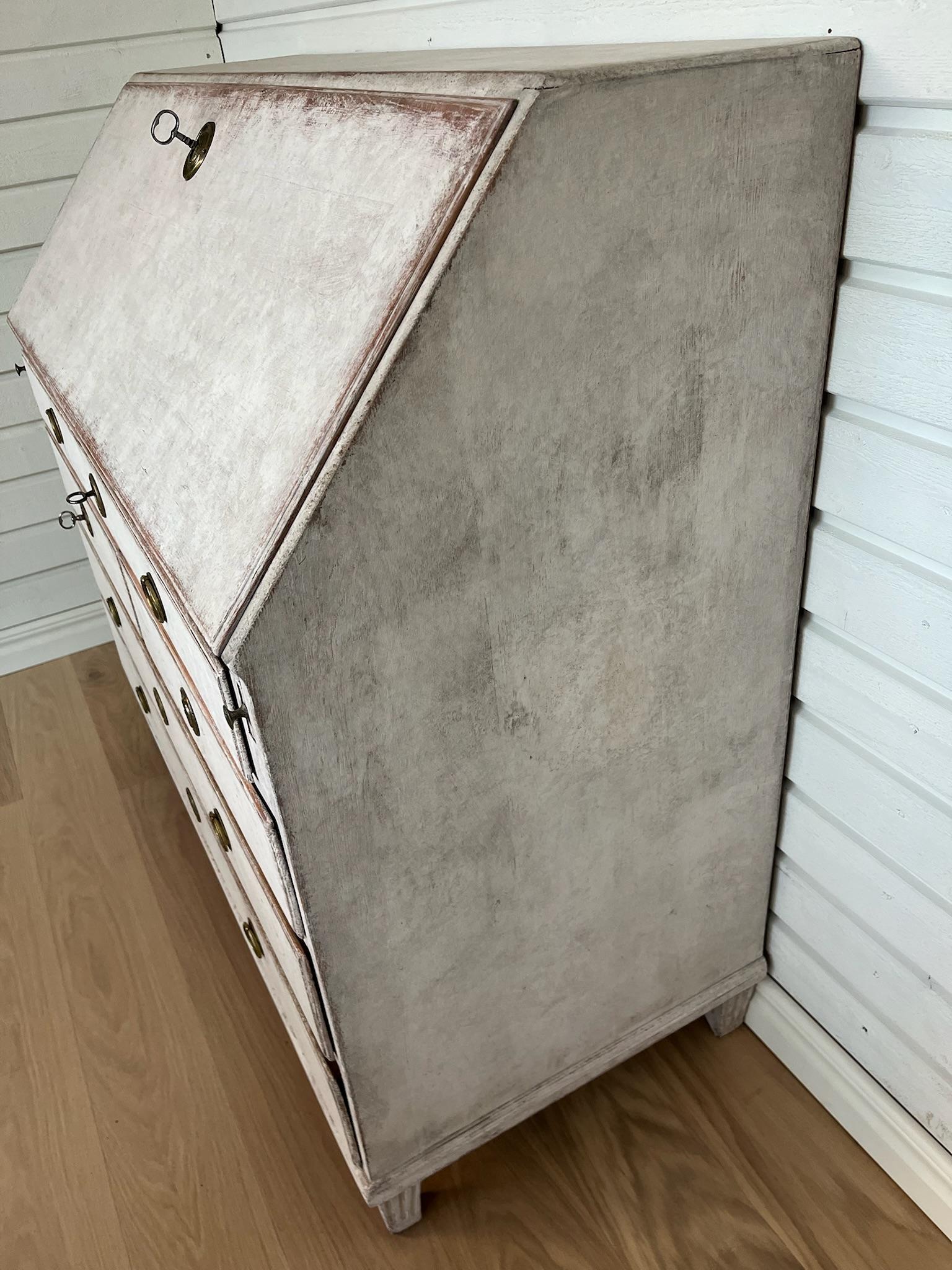 Brass 19th Century Swedish Gustavian Style Secretary / Writing Desk - Painted For Sale