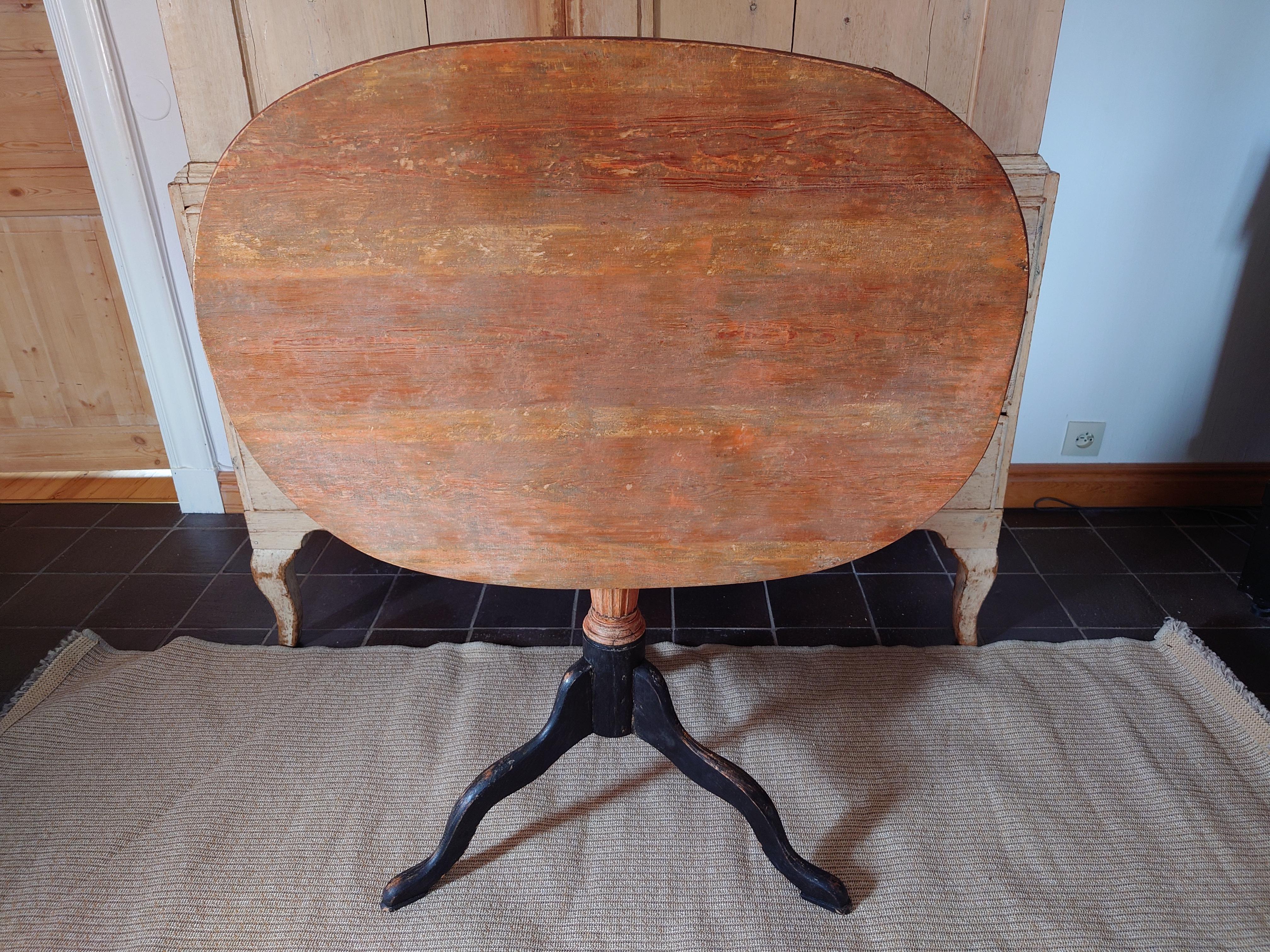 
Mesa basculante sueca del siglo XIX procedente de Kalix Norrbotten, norte de Suecia.
Una hermosa mesa en buen estado y de construcción estable.
La mesa está pintada de forma original.
Base torneada con hermosas hojas talladas  y bonitas