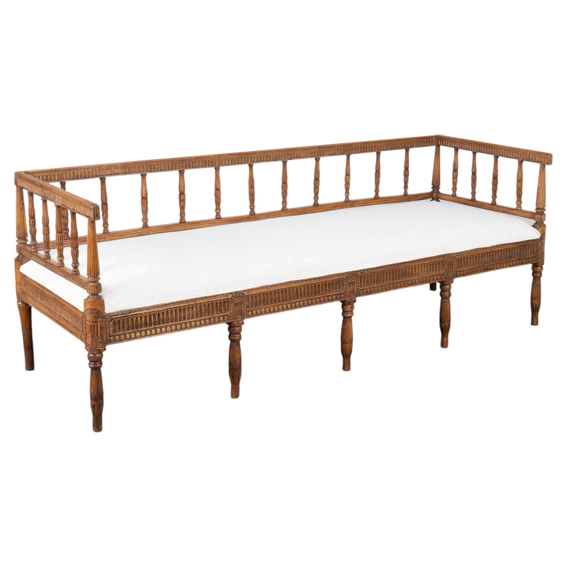 19th Century Swedish Gustavian Upholstered Carved Pine Bench Settee