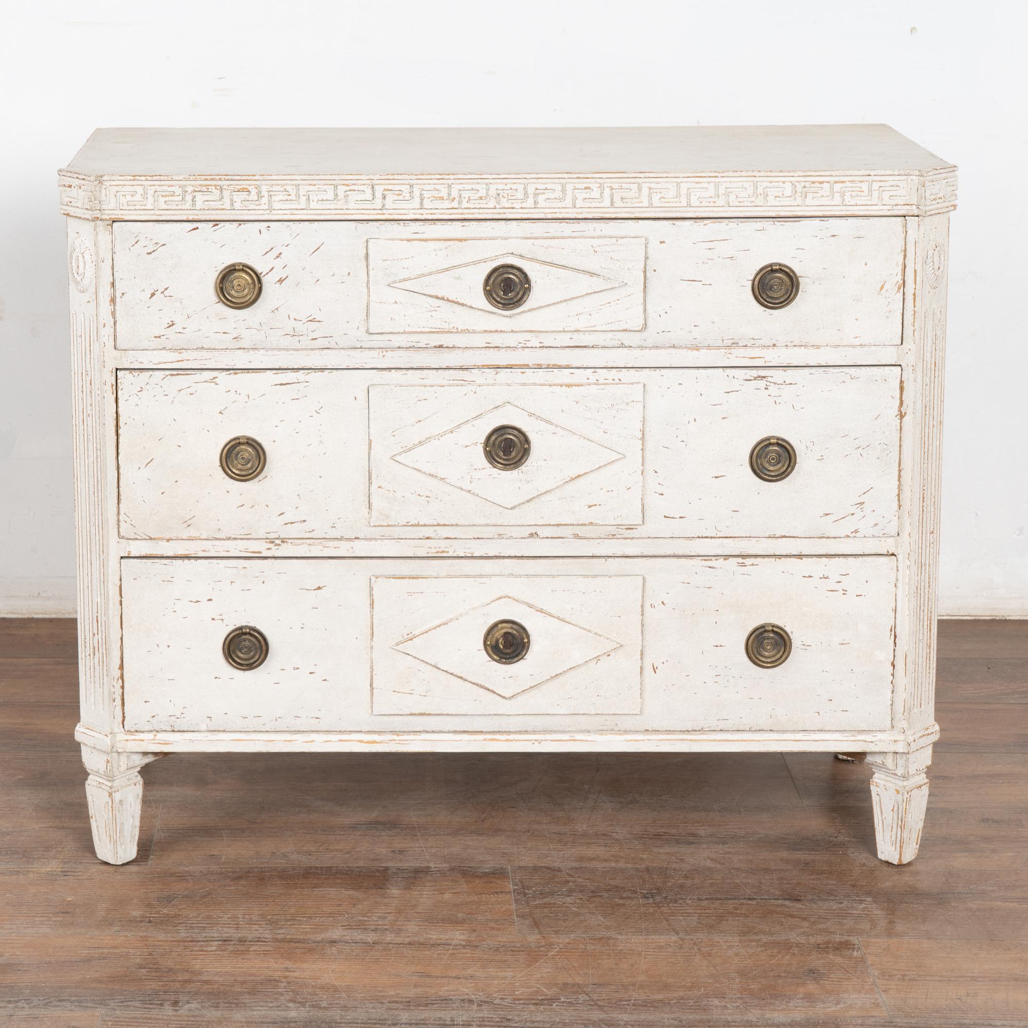 Brass 19th Century Swedish Gustavian White Painted Chest of Three Drawers, Sweden