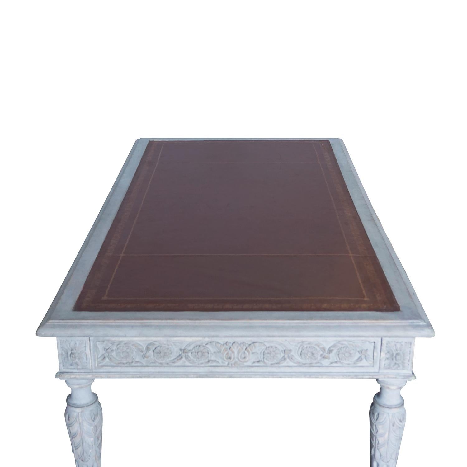 Leather 19th Century Swedish Gustavian Writing Desk, Neoclassical Grey Pinewood Table