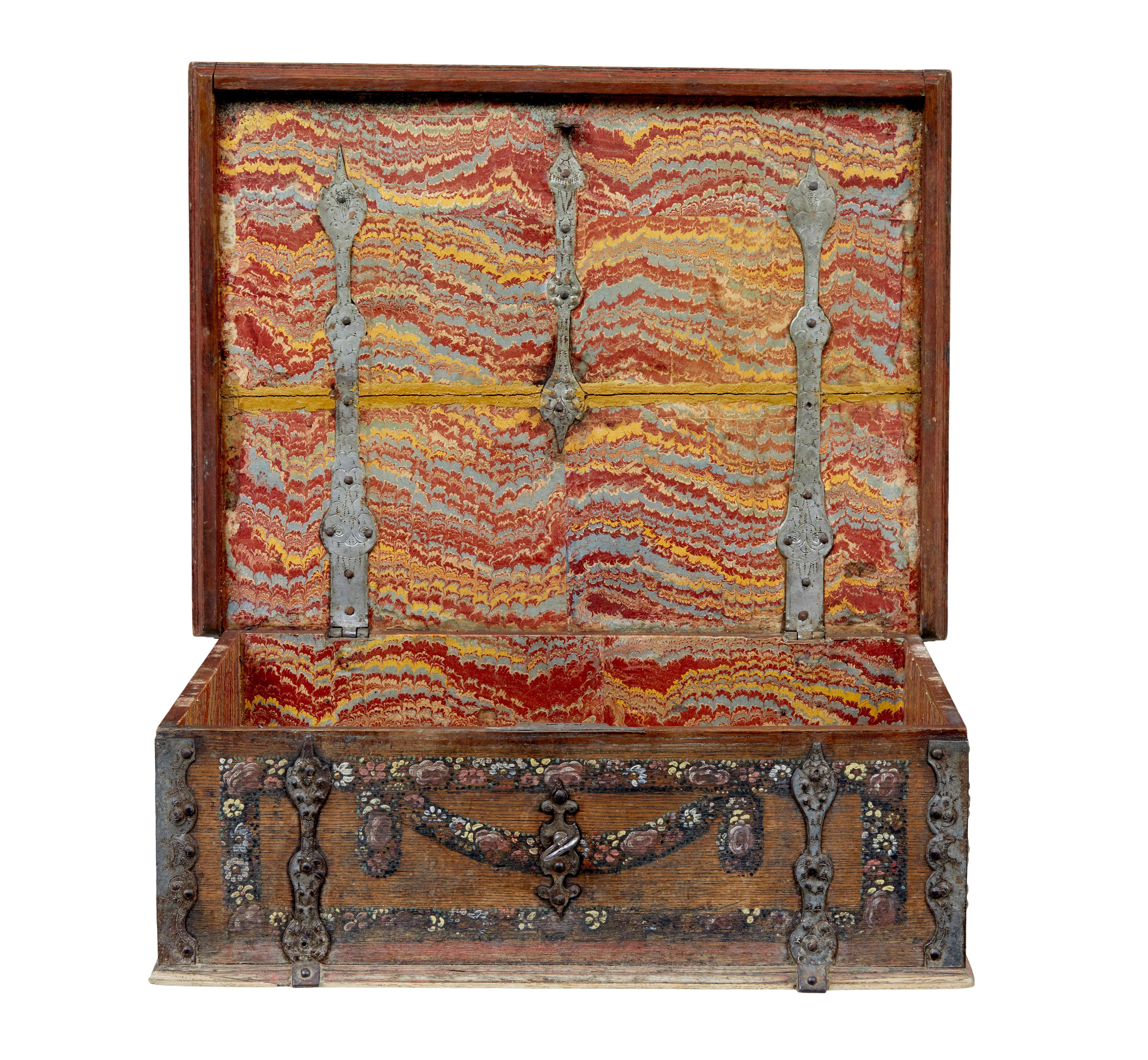 19th century Swedish hand painted oak strong box circa 1820.

We are pleased to offer this beautiful box, which has many uses around the home.

Made from solid oak, featuring original hand painted decoration around the front, sides and to the lid. 