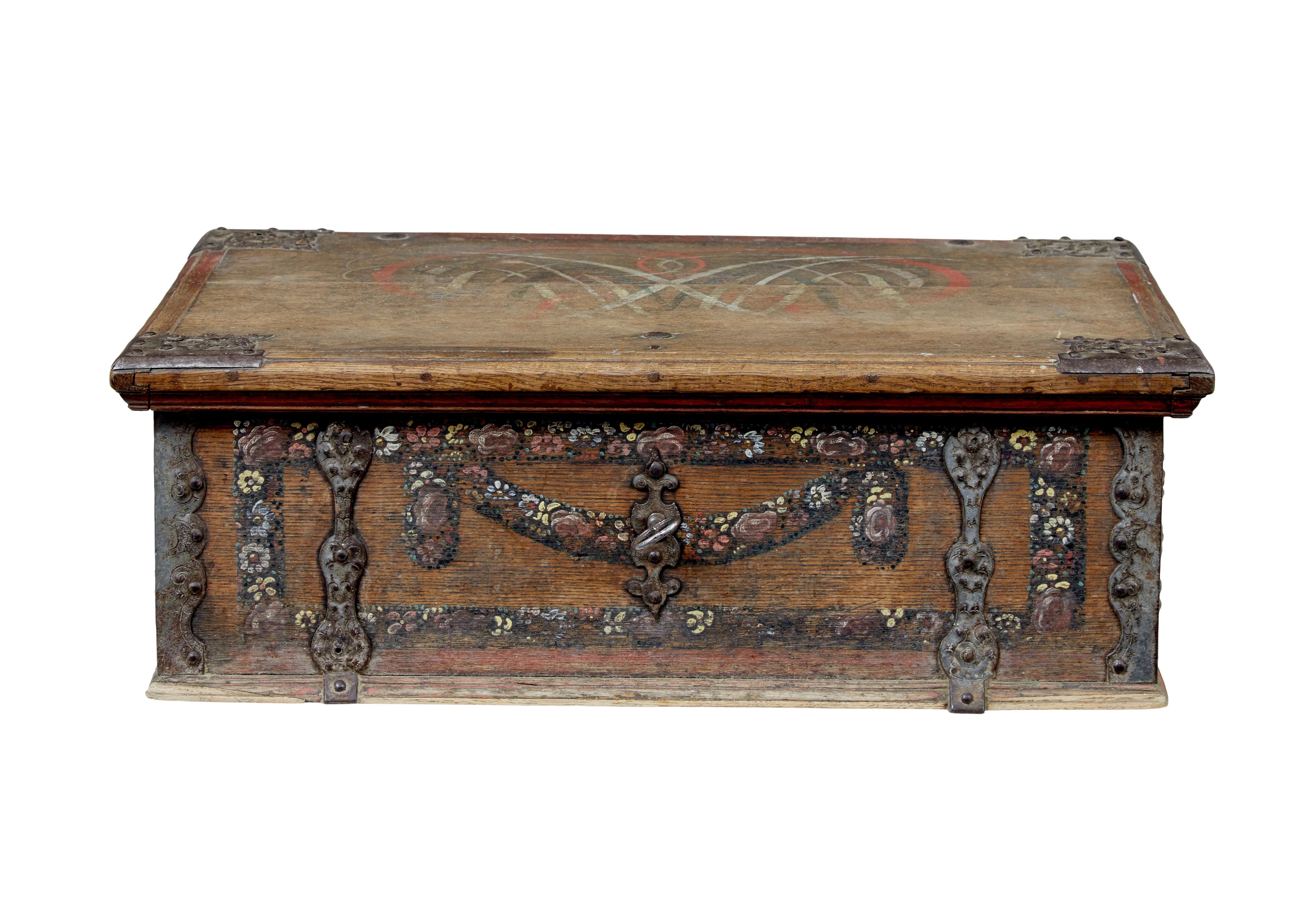 Baroque Revival 19th century Swedish hand painted oak strong box For Sale