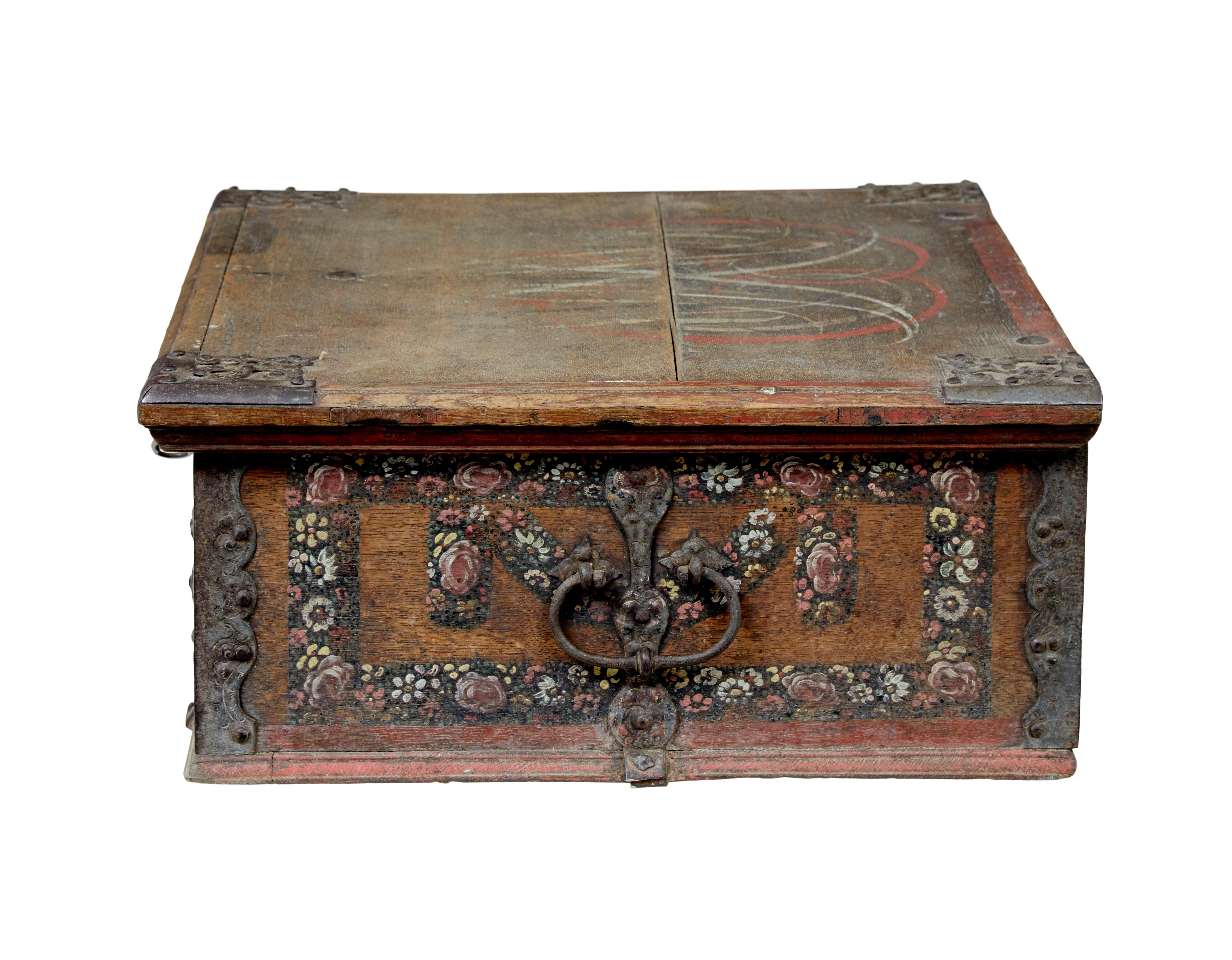 Hand-Carved 19th century Swedish hand painted oak strong box For Sale