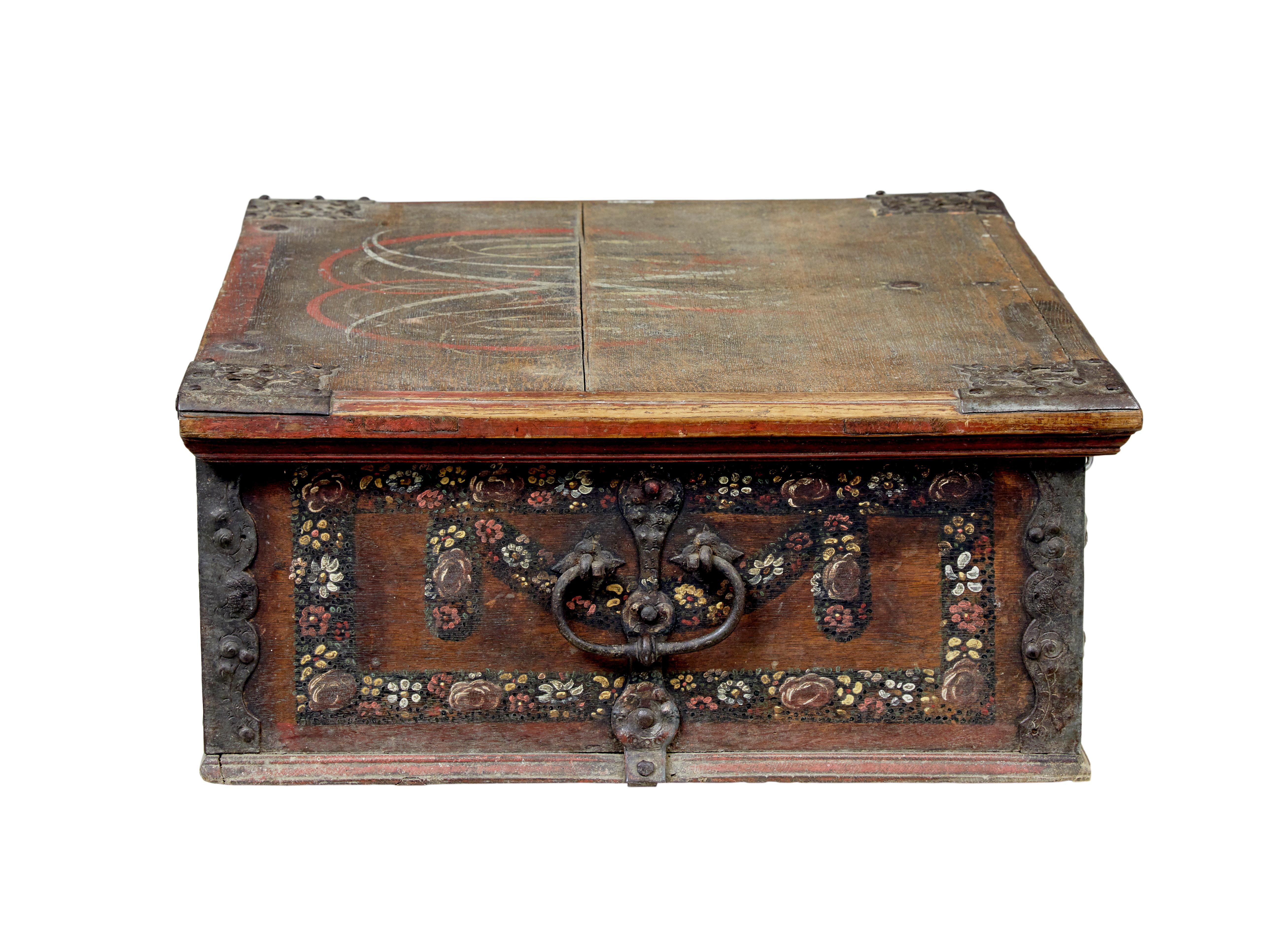 19th Century 19th century Swedish hand painted oak strong box For Sale