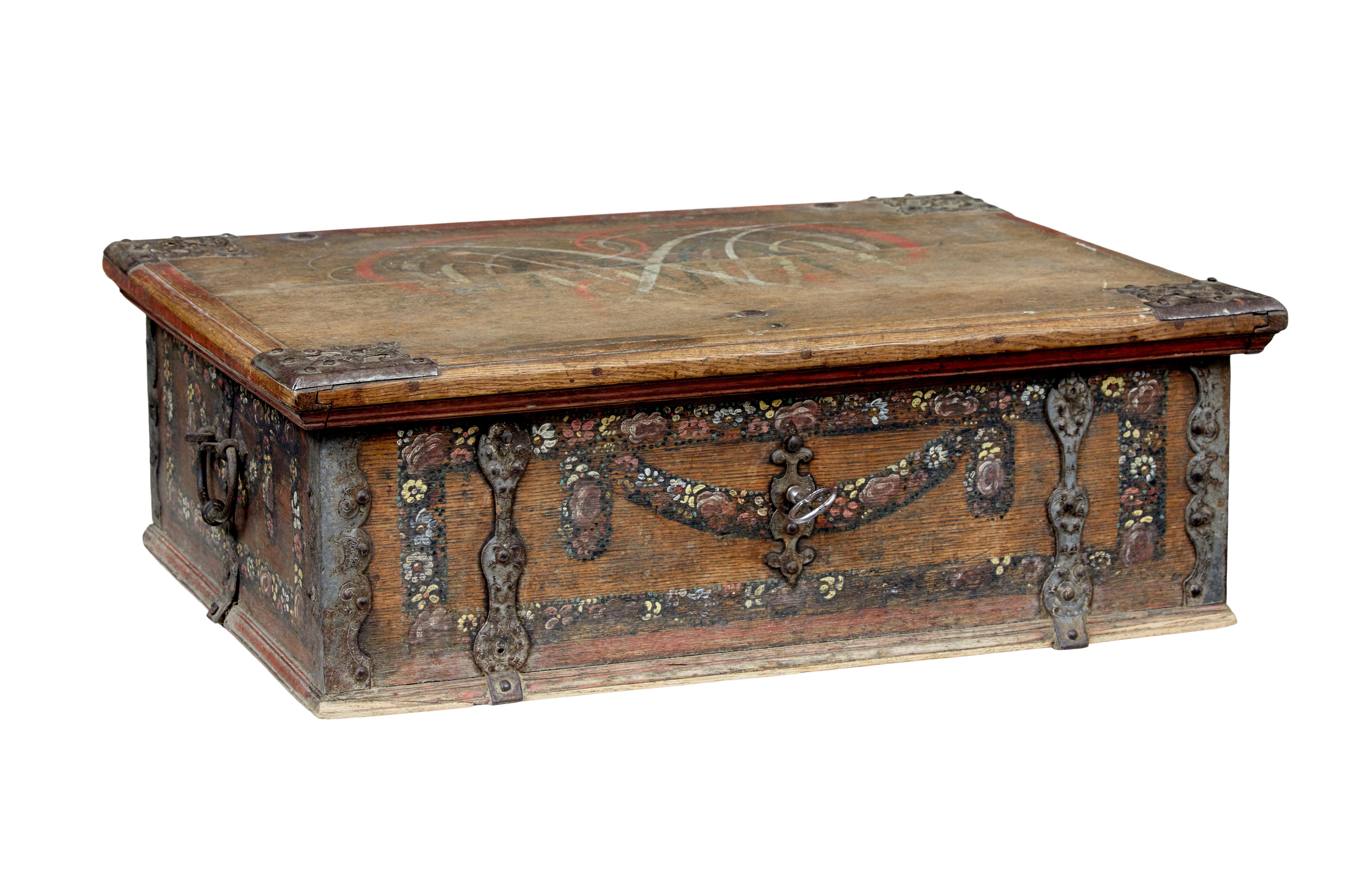 Iron 19th century Swedish hand painted oak strong box For Sale