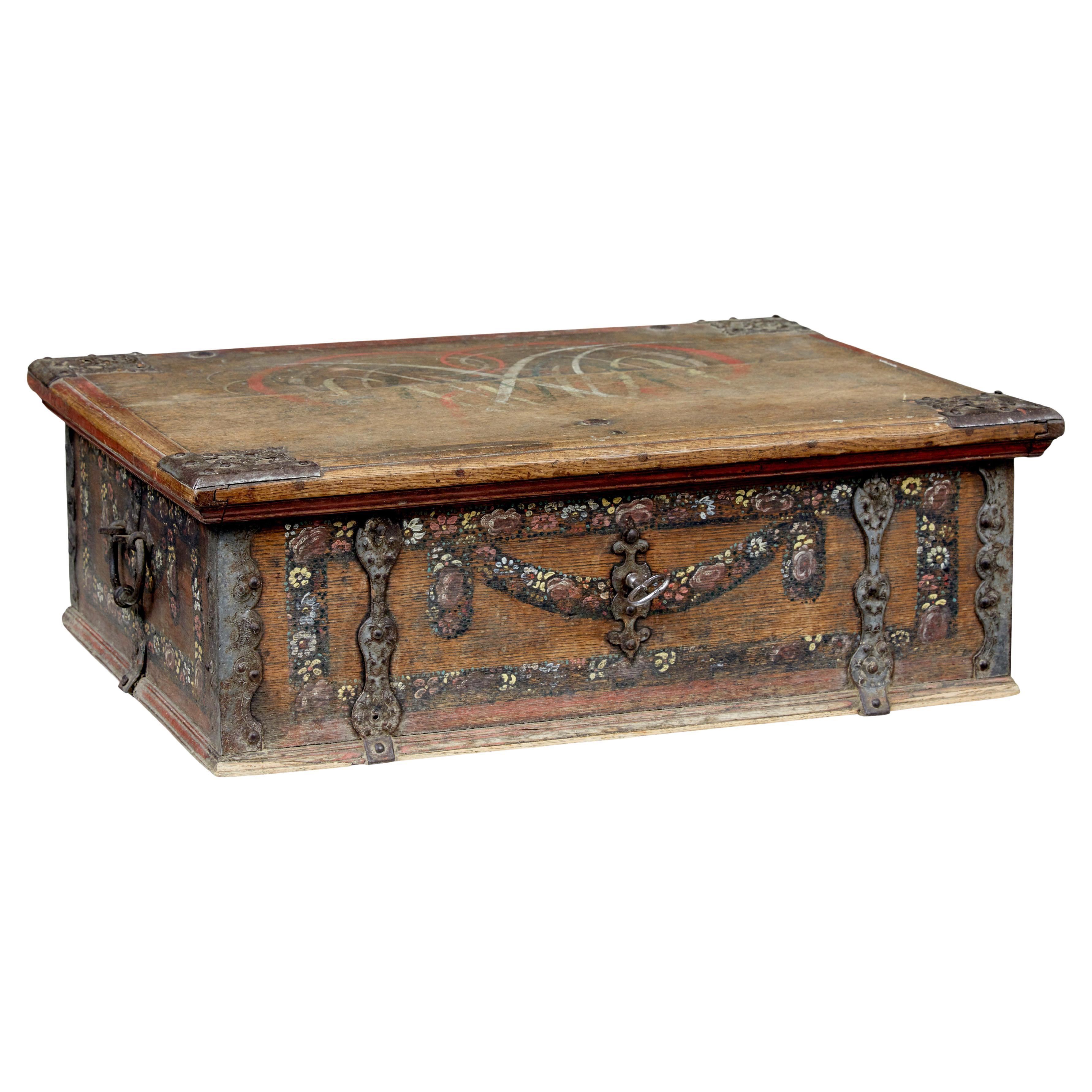 19th century Swedish hand painted oak strong box
