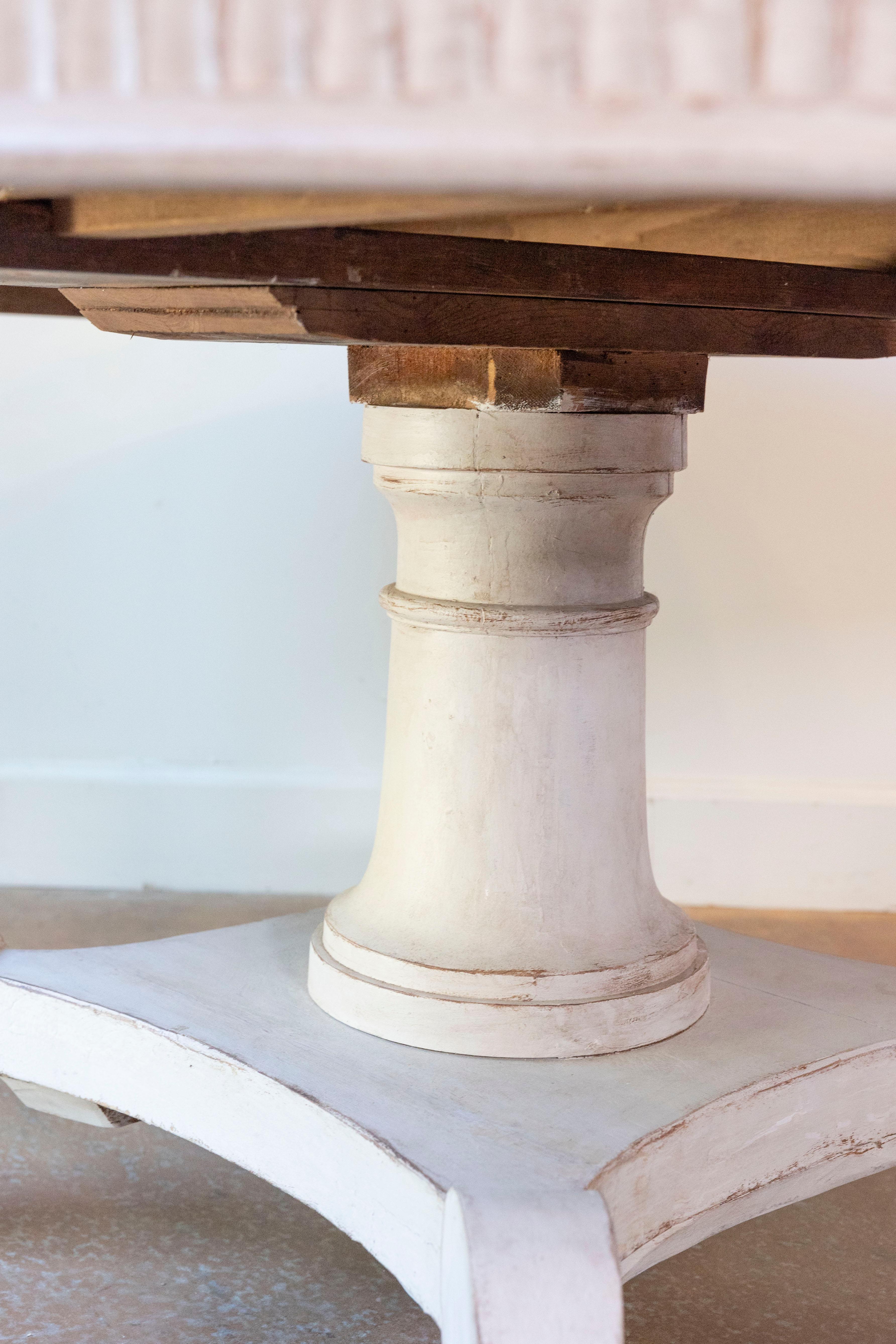 Wood 19th Century Swedish Light Gray Painted Round Top Pedestal Table on Carved Base