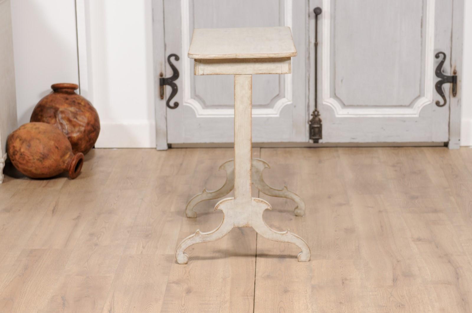 19th Century Swedish Light Gray Painted Side Table with Carved Trestle Base For Sale 7