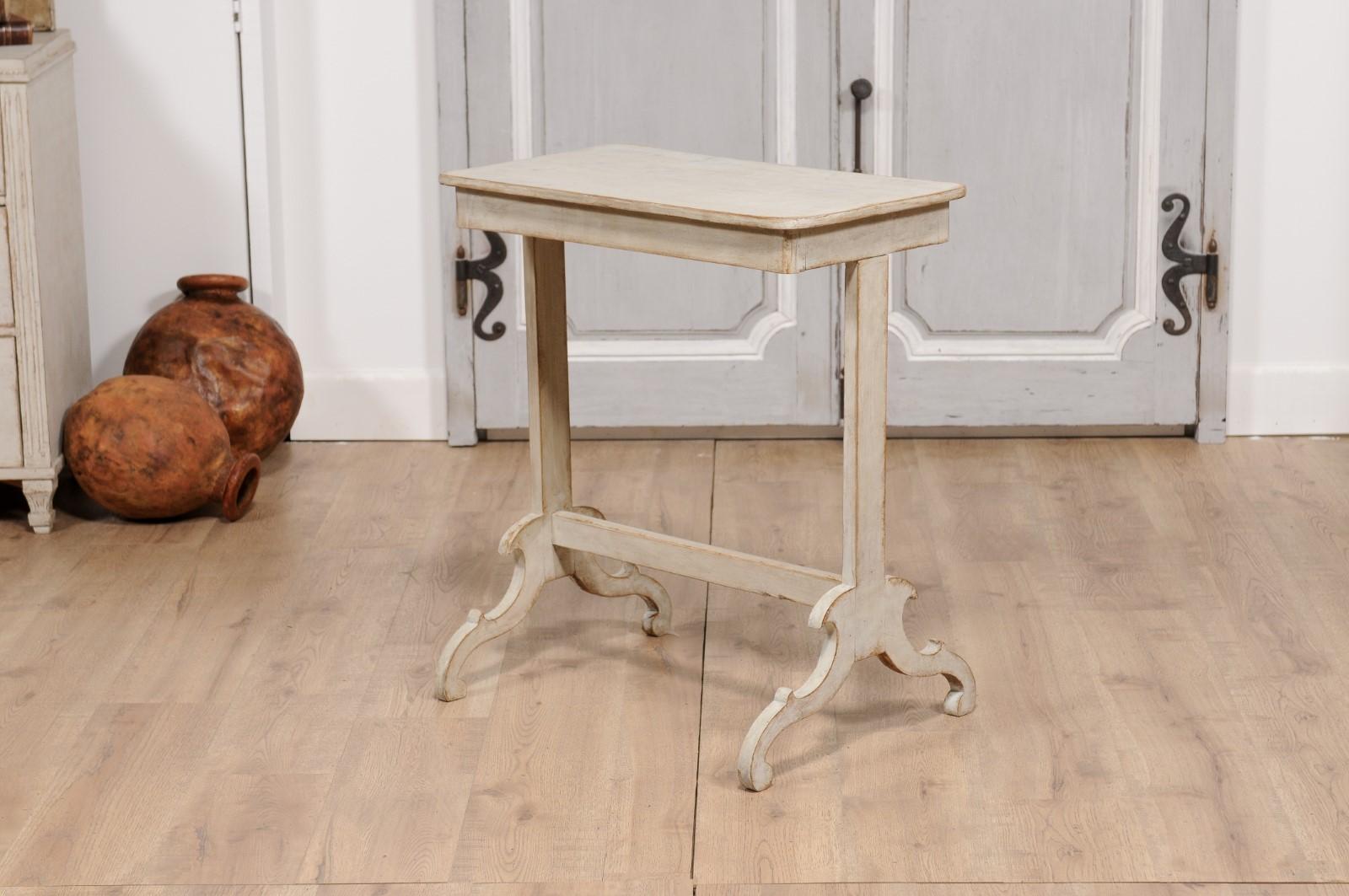 19th Century Swedish Light Gray Painted Side Table with Carved Trestle Base For Sale 8