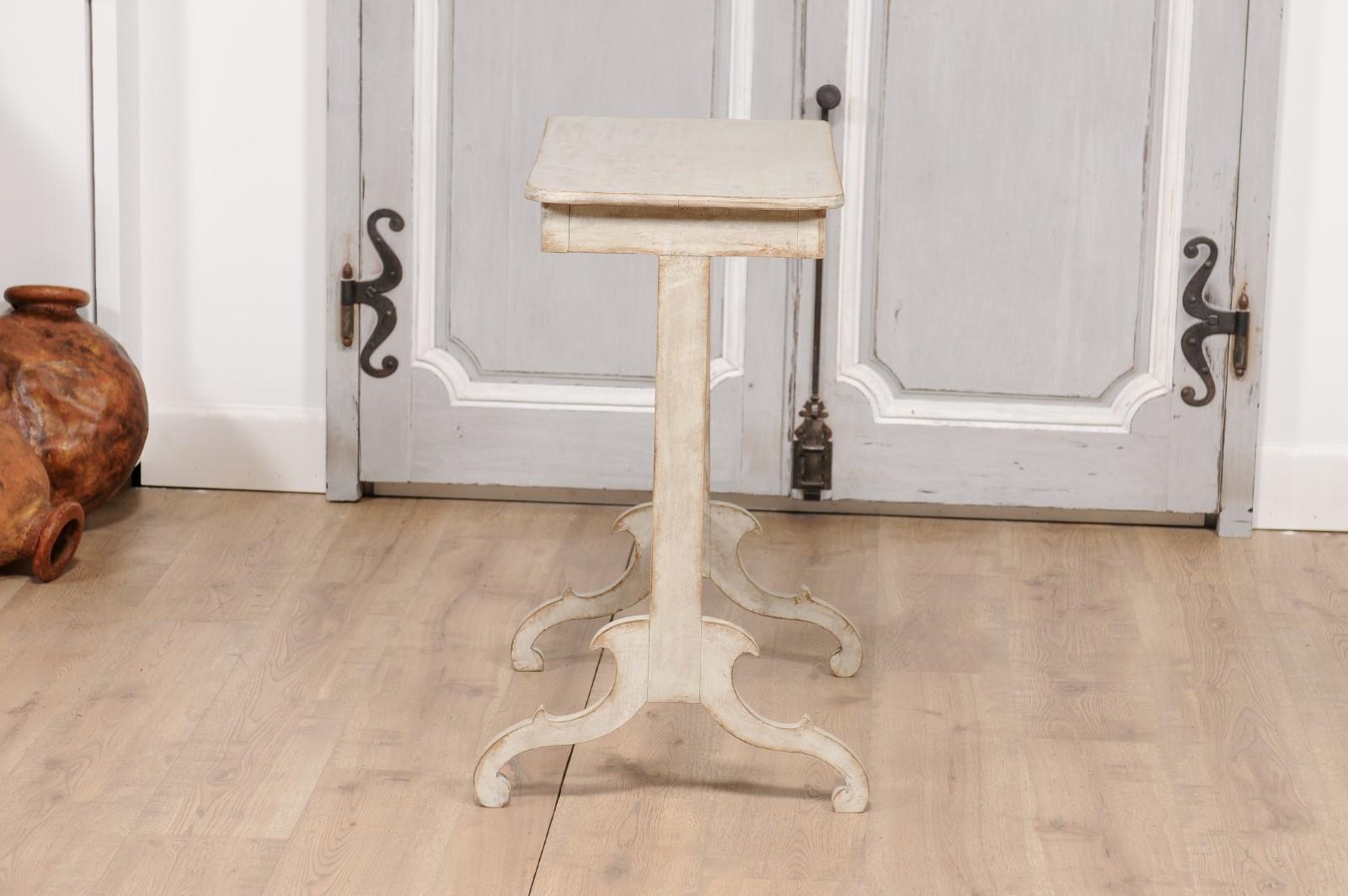 19th Century Swedish Light Gray Painted Side Table with Carved Trestle Base For Sale 3