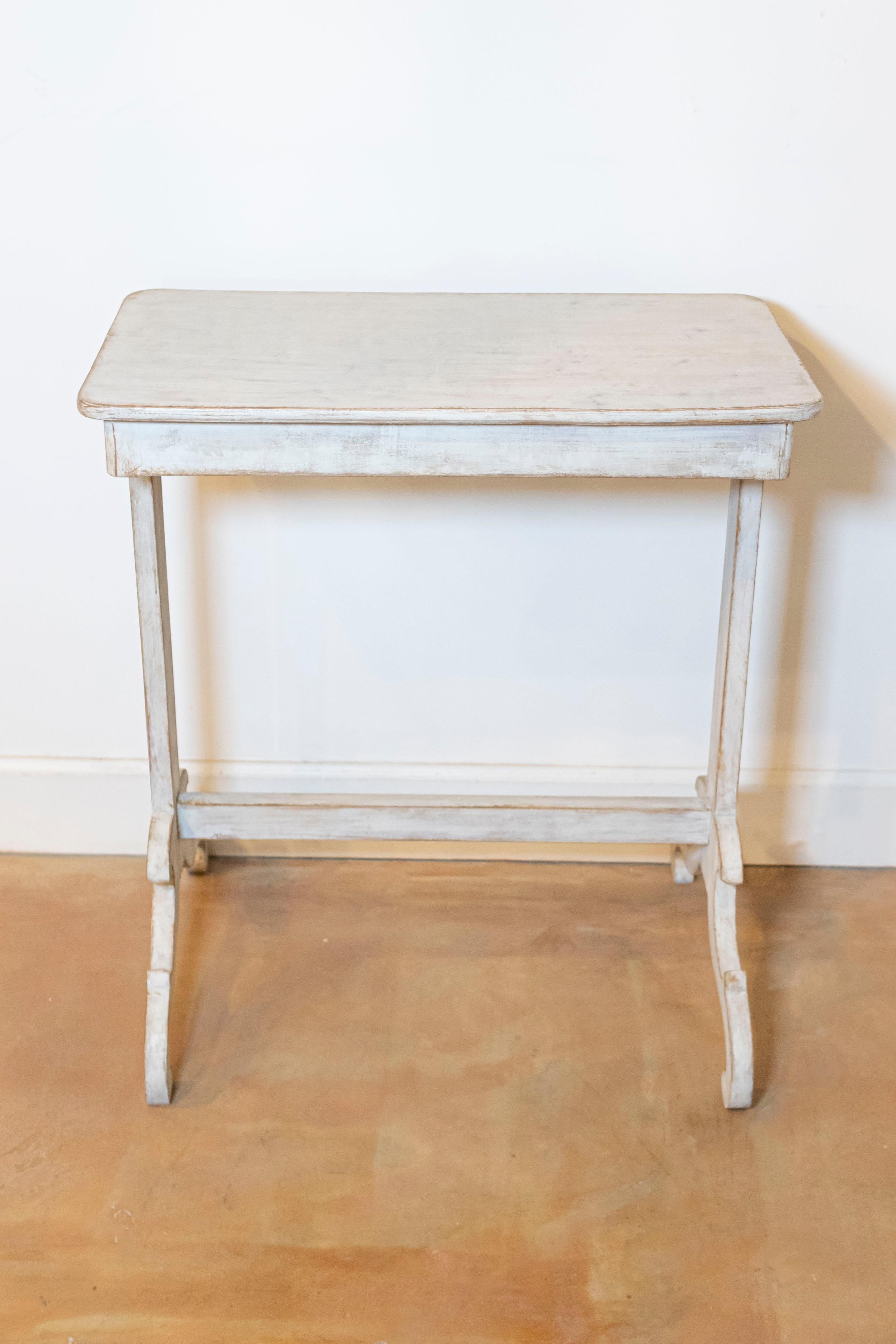 19th Century Swedish Light Gray Painted Side Table with Carved Trestle Base In Good Condition For Sale In Atlanta, GA
