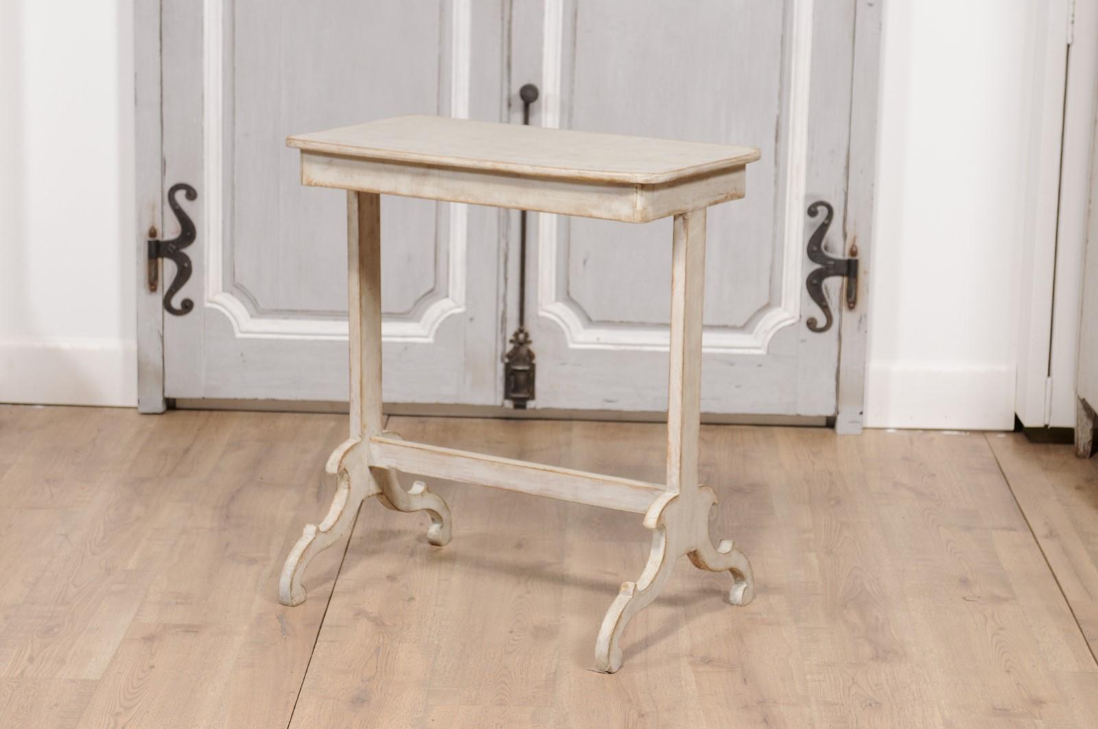 19th Century Swedish Light Gray Painted Side Table with Carved Trestle Base For Sale 4