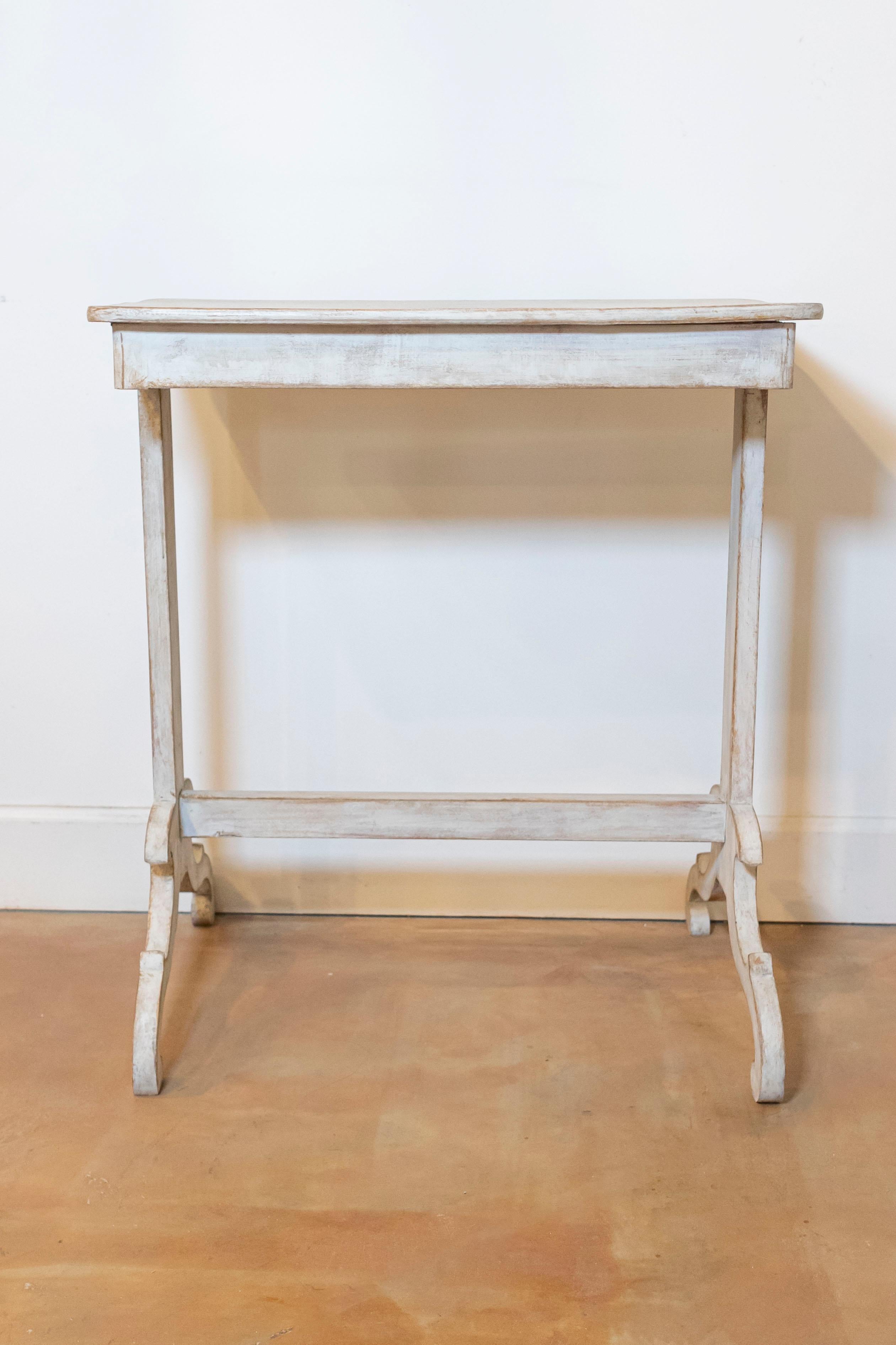 Wood 19th Century Swedish Light Gray Painted Side Table with Carved Trestle Base For Sale