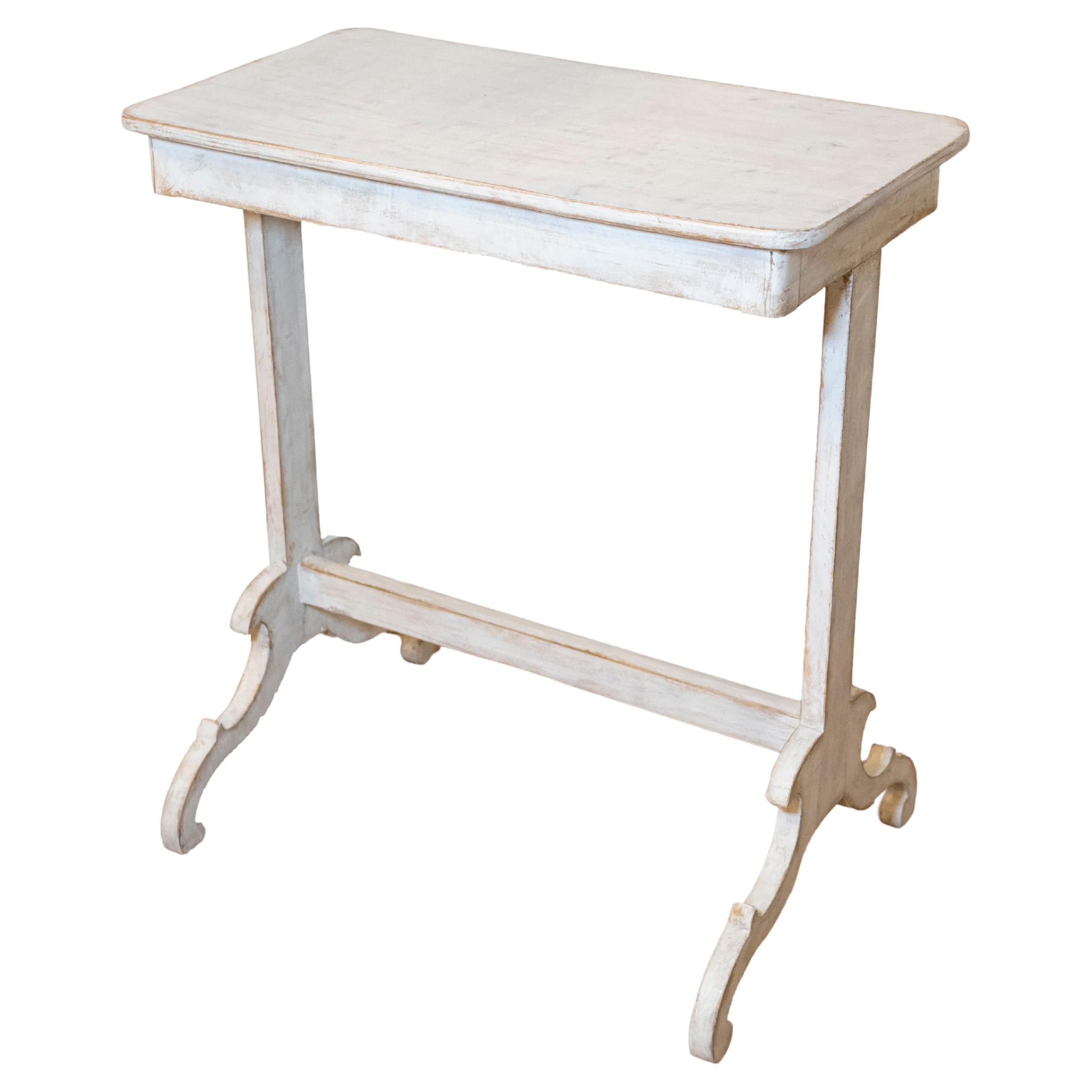 19th Century Swedish Light Gray Painted Side Table with Carved Trestle Base For Sale