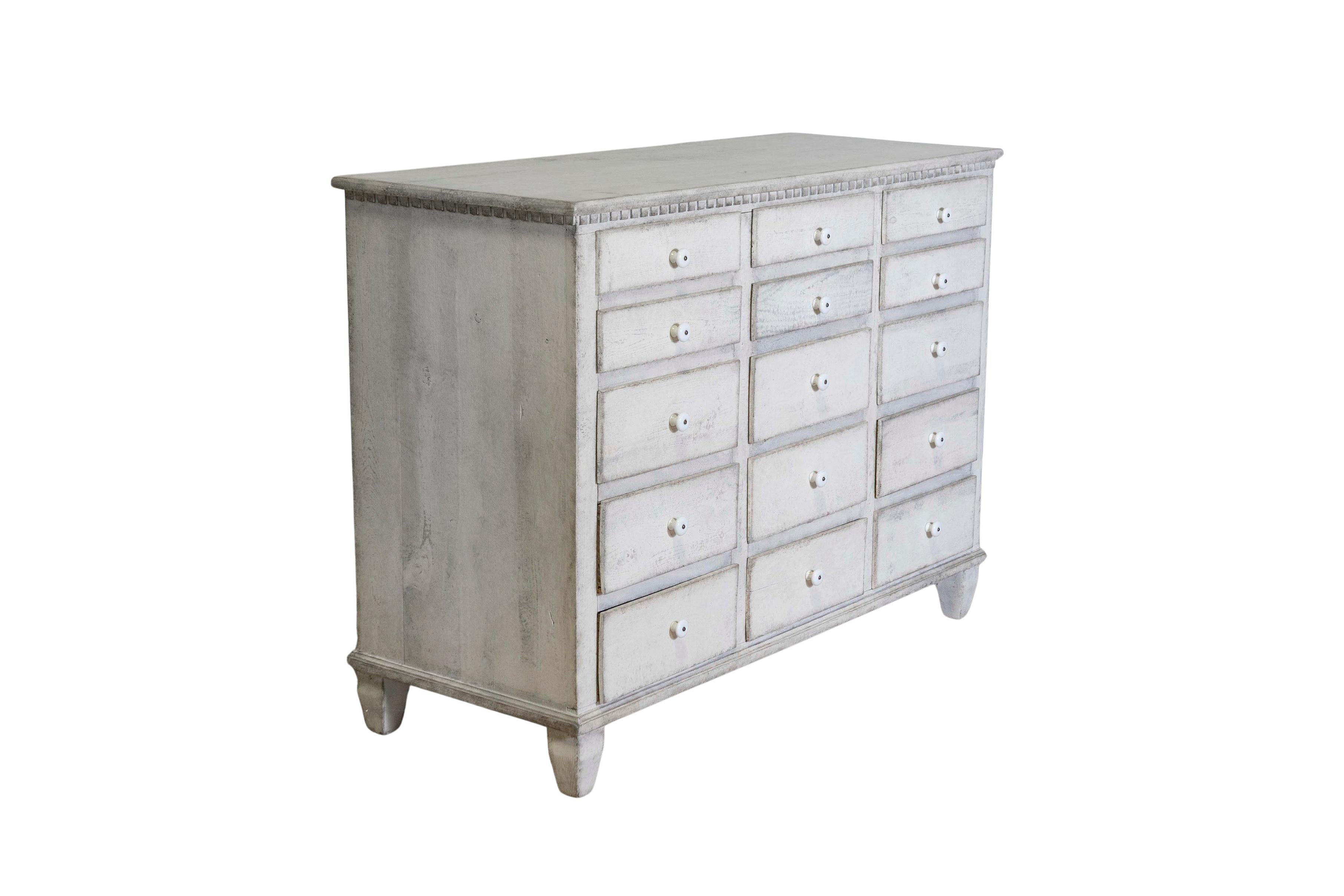 19th Century Swedish Light Painted and Carved Apothecary Chest with 15 Drawers