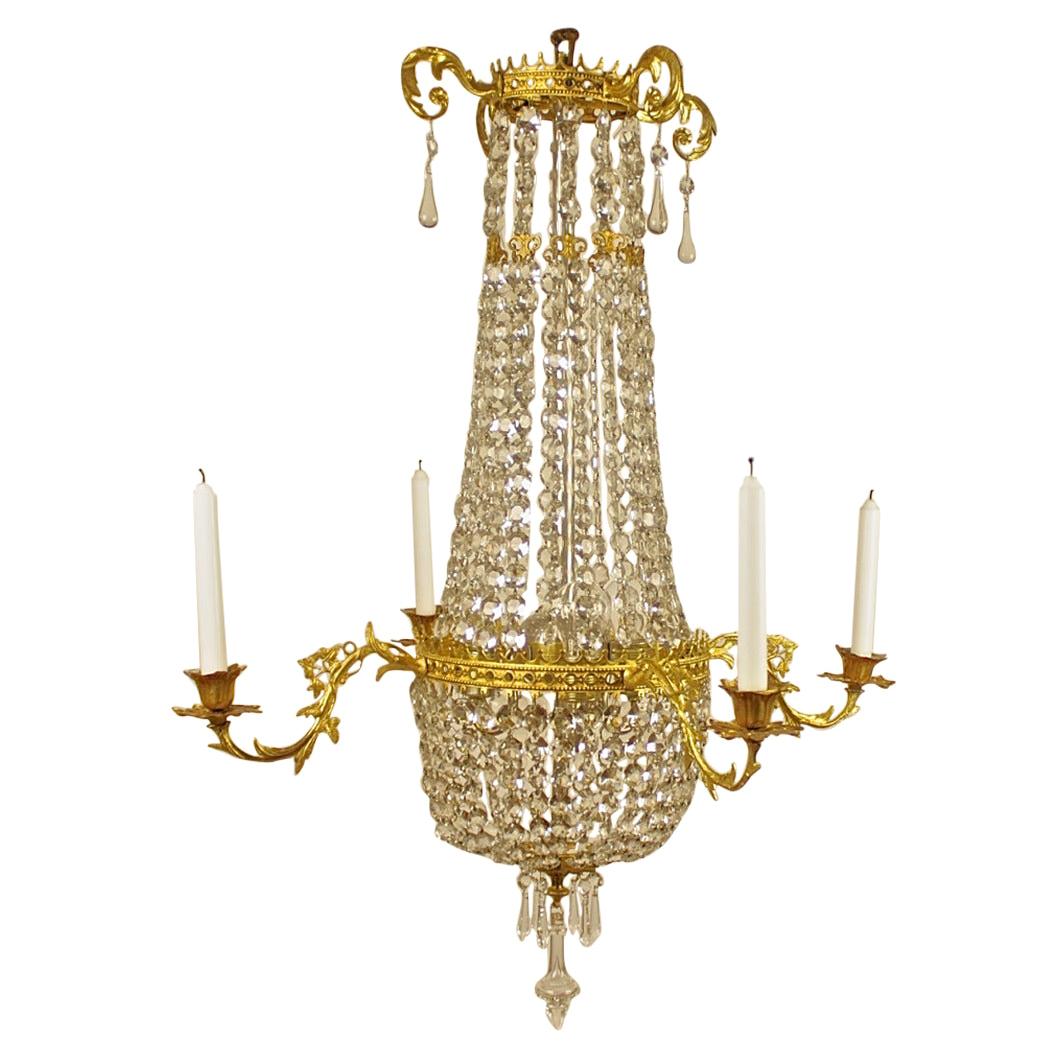 19th Century Swedish Louis XVI Bag & Tent Gilt Bronze Crystal Glass Chandelier For Sale