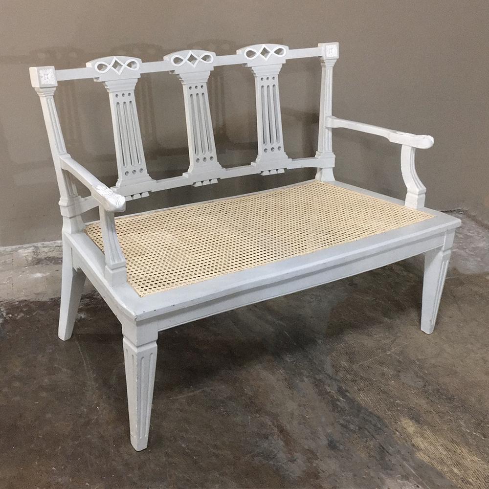 19th Century Swedish Louis XVI Painted & Caned Sofa ~ Canape is the perfect choice for a cozy nook or entryway!  Timeless styling is enhanced by the painted off-white finish which has achieved a lovely patina over the decades, especially so because