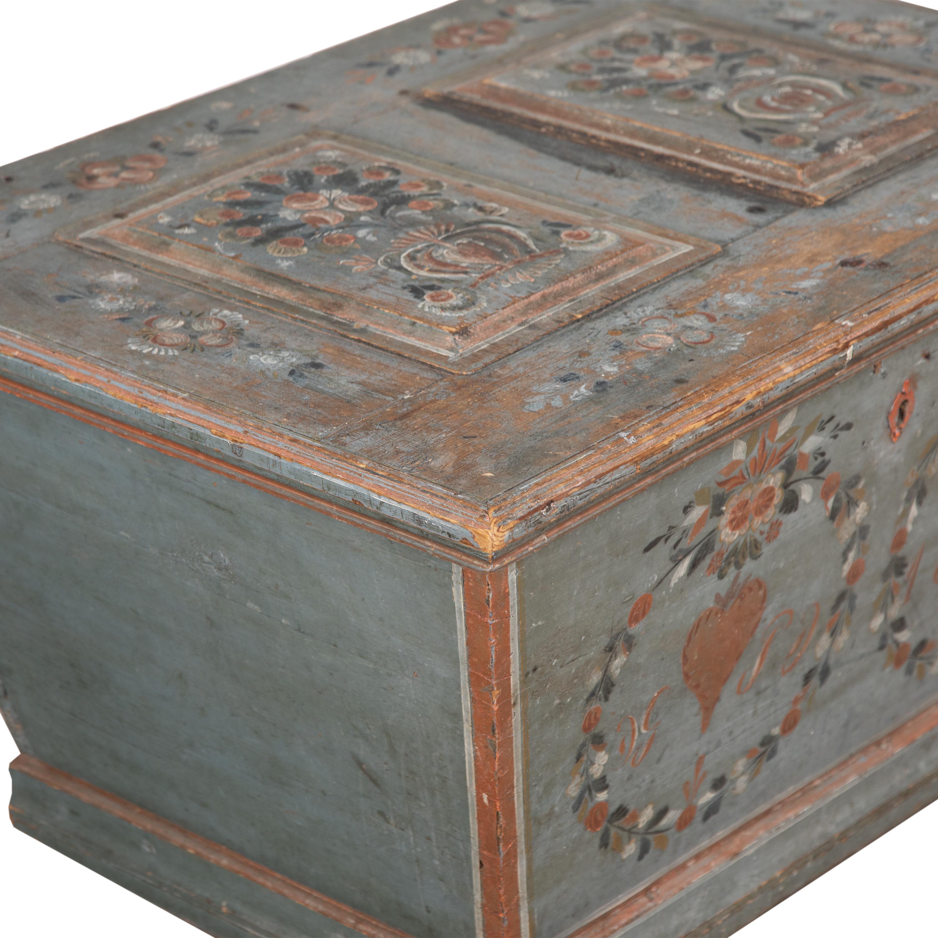 19th century Swedish marriage chest.
This chest is decorated with flora, fauna, and hearts and is dated 1834.