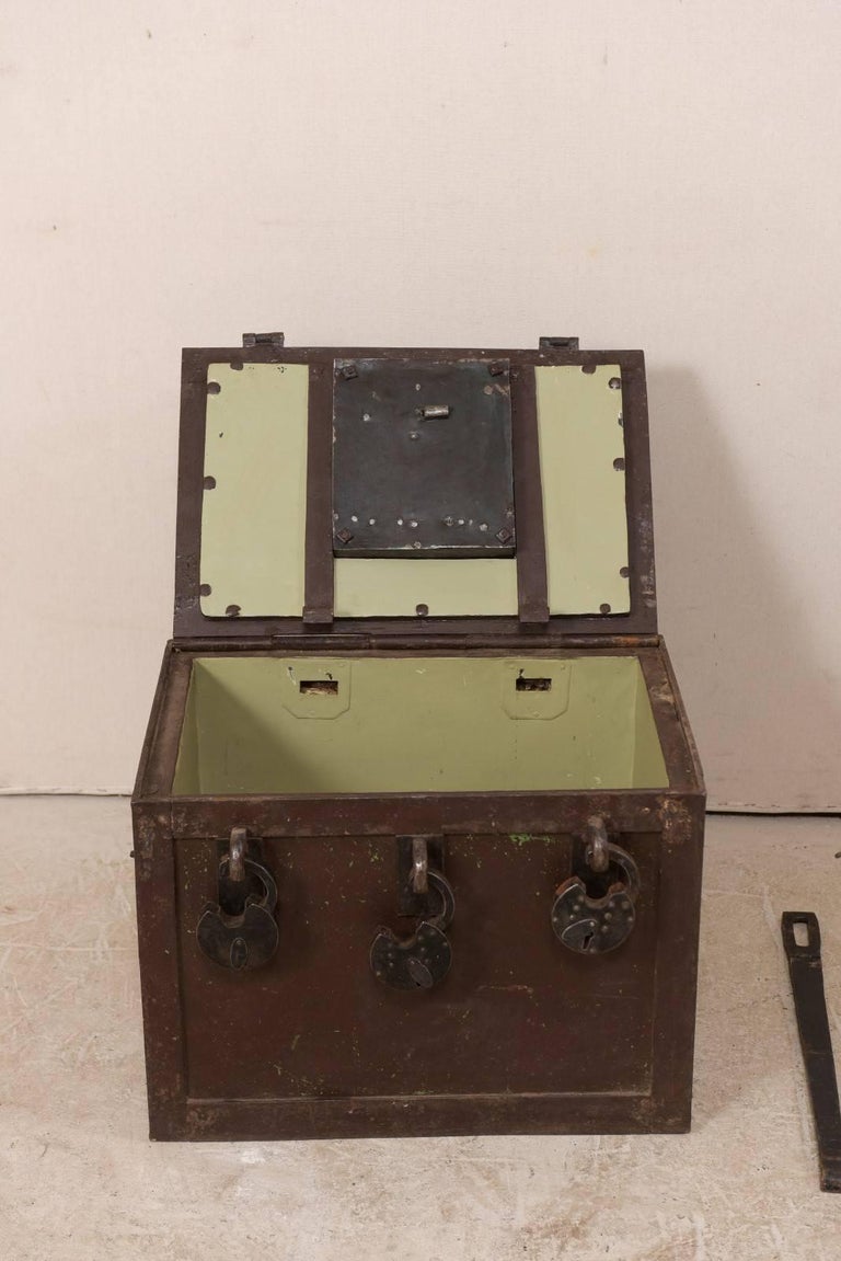 19th Century Swedish MidSized Iron Trunk Safe with Locks and Key For