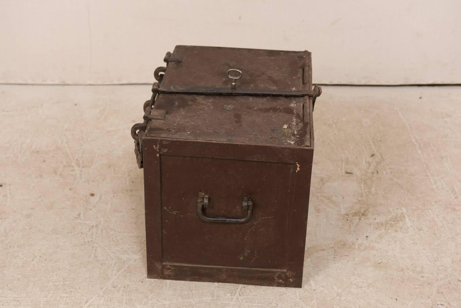 Metal 19th Century Swedish Mid-Sized Iron Trunk Safe with Locks and Key For Sale